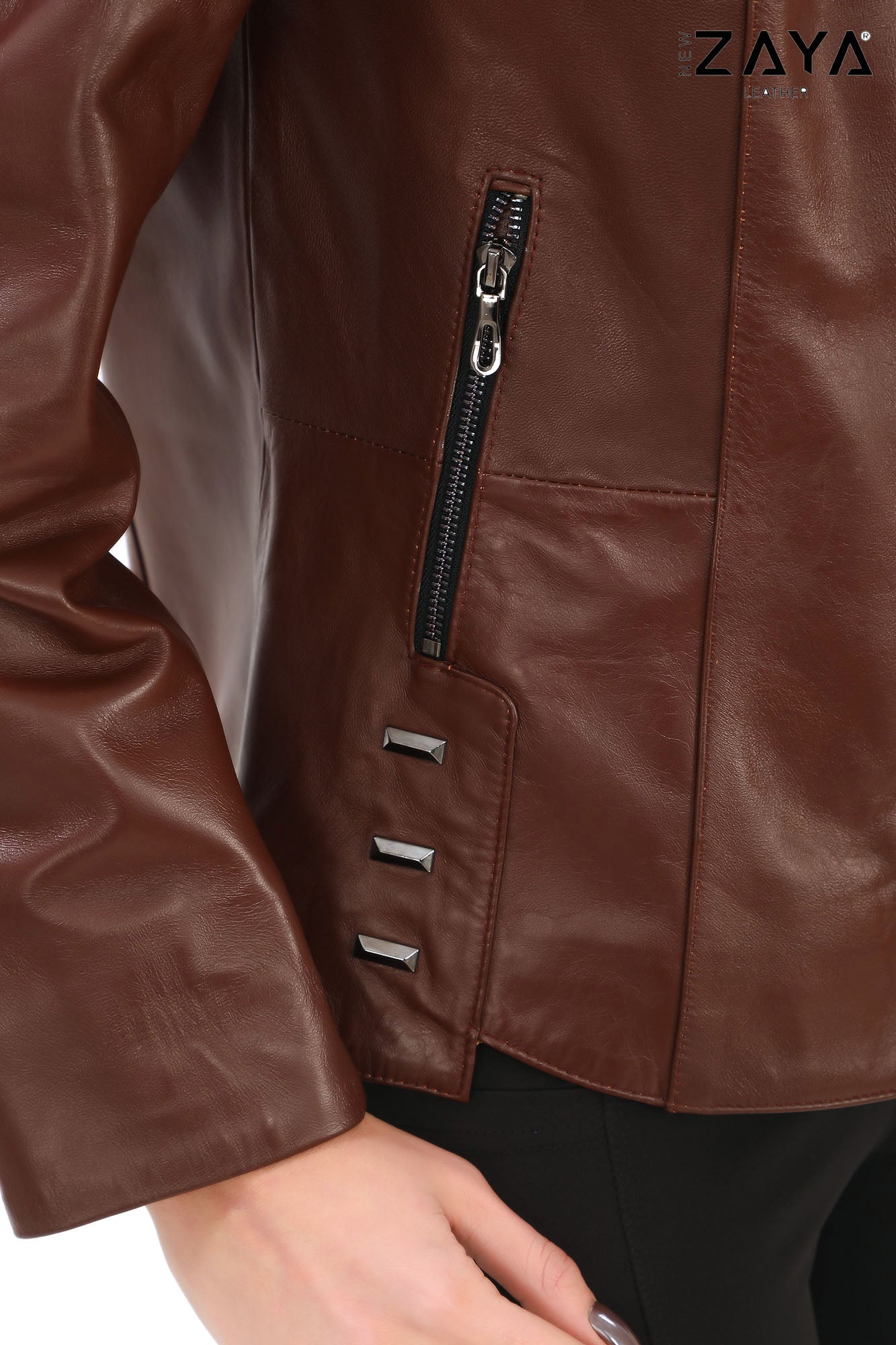 Hazel-Brown Stand Collar Genuine Leather Jacket
