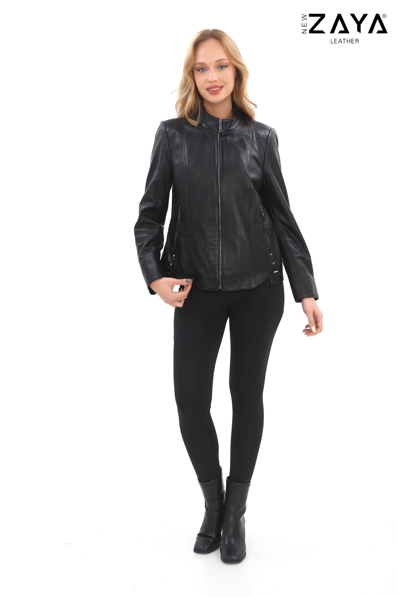 Hazel -Black Stand Collar Genuine Leather Jacket