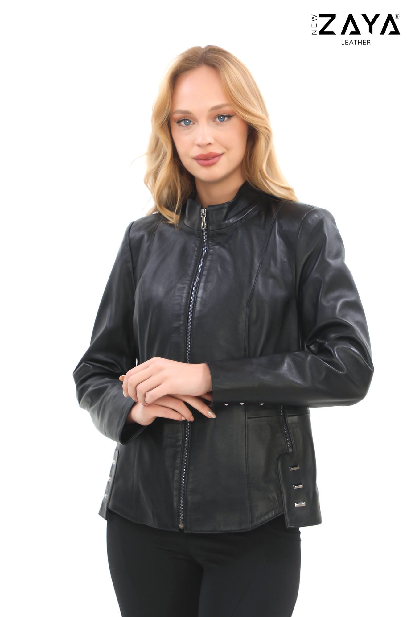 Hazel -Black Stand Collar Genuine Leather Jacket