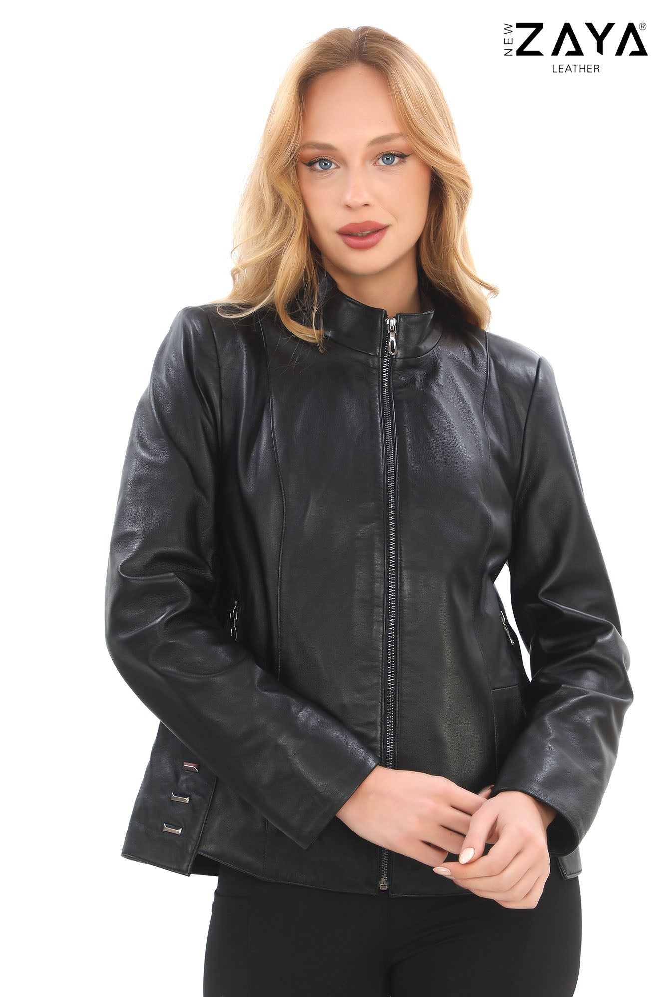 Hazel -Black Stand Collar Genuine Leather Jacket