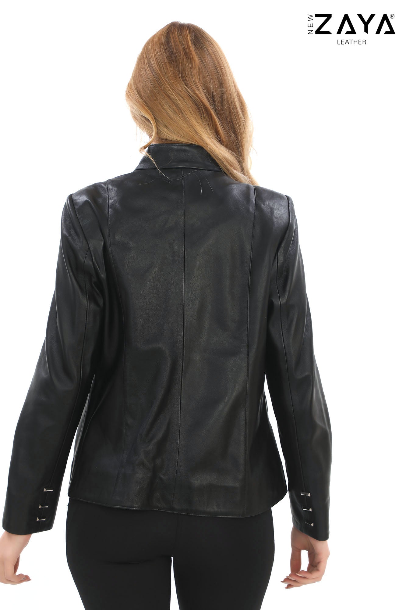Hazel -Black Stand Collar Genuine Leather Jacket