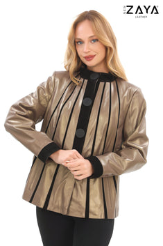 ATHENA ANTHRACITE GENUINE LEATHER & SUEDE PANELLED STATEMENT JACKET Bronze