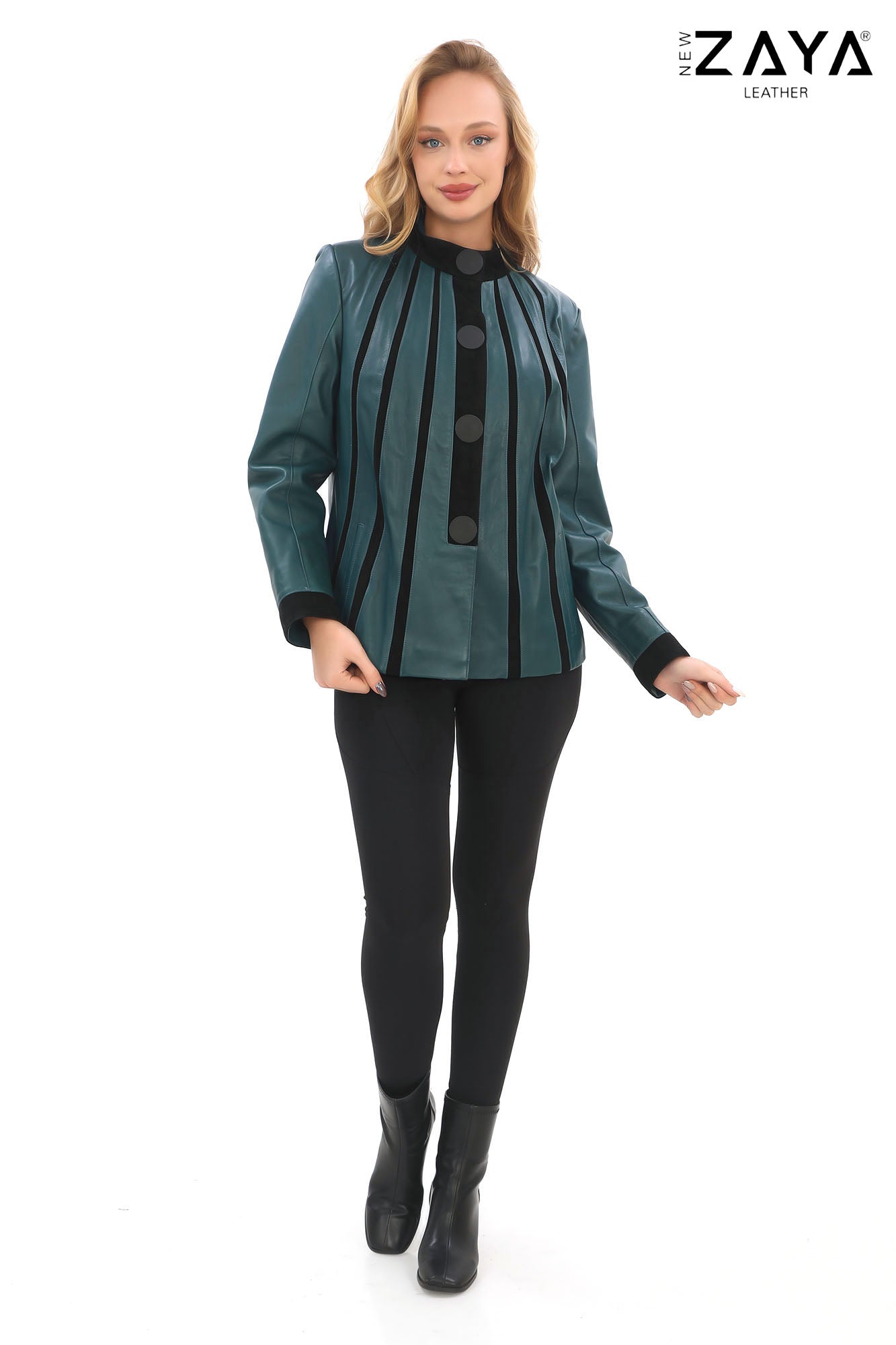 ATHENA ANTHRACITE GENUINE LEATHER & SUEDE PANELLED STATEMENT JACKET Petrol Blue