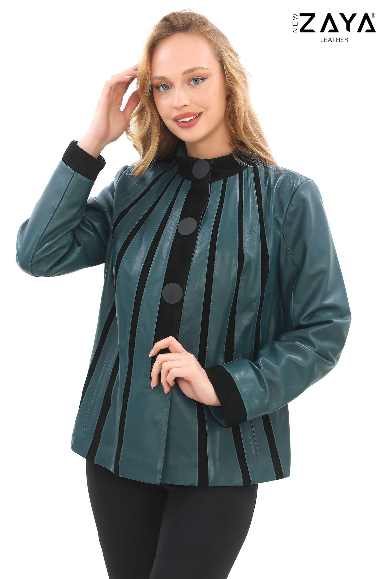 ATHENA ANTHRACITE GENUINE LEATHER & SUEDE PANELLED STATEMENT JACKET Petrol Blue