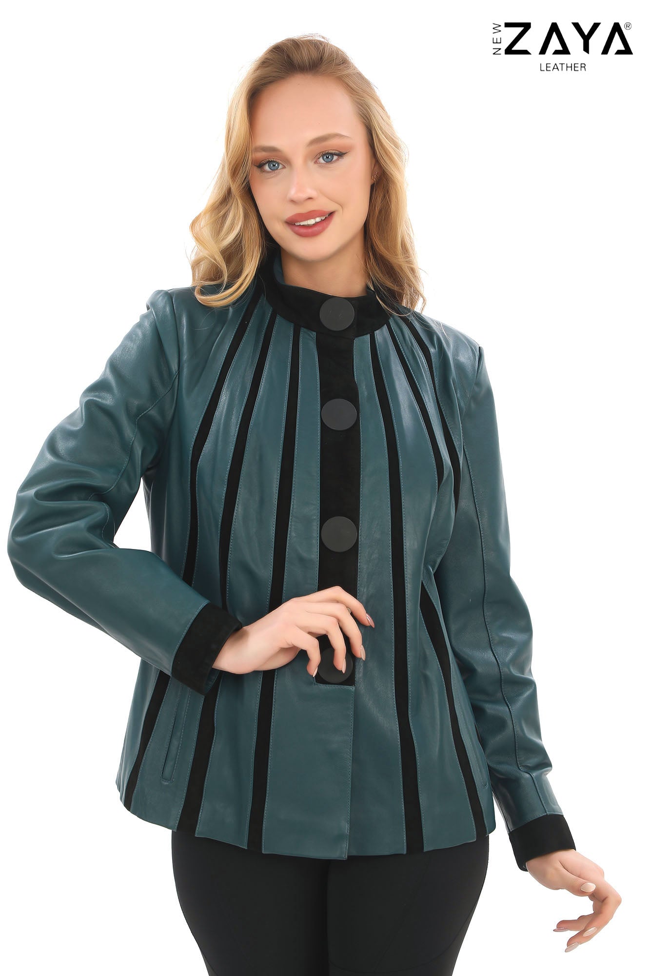ATHENA ANTHRACITE GENUINE LEATHER & SUEDE PANELLED STATEMENT JACKET Petrol Blue