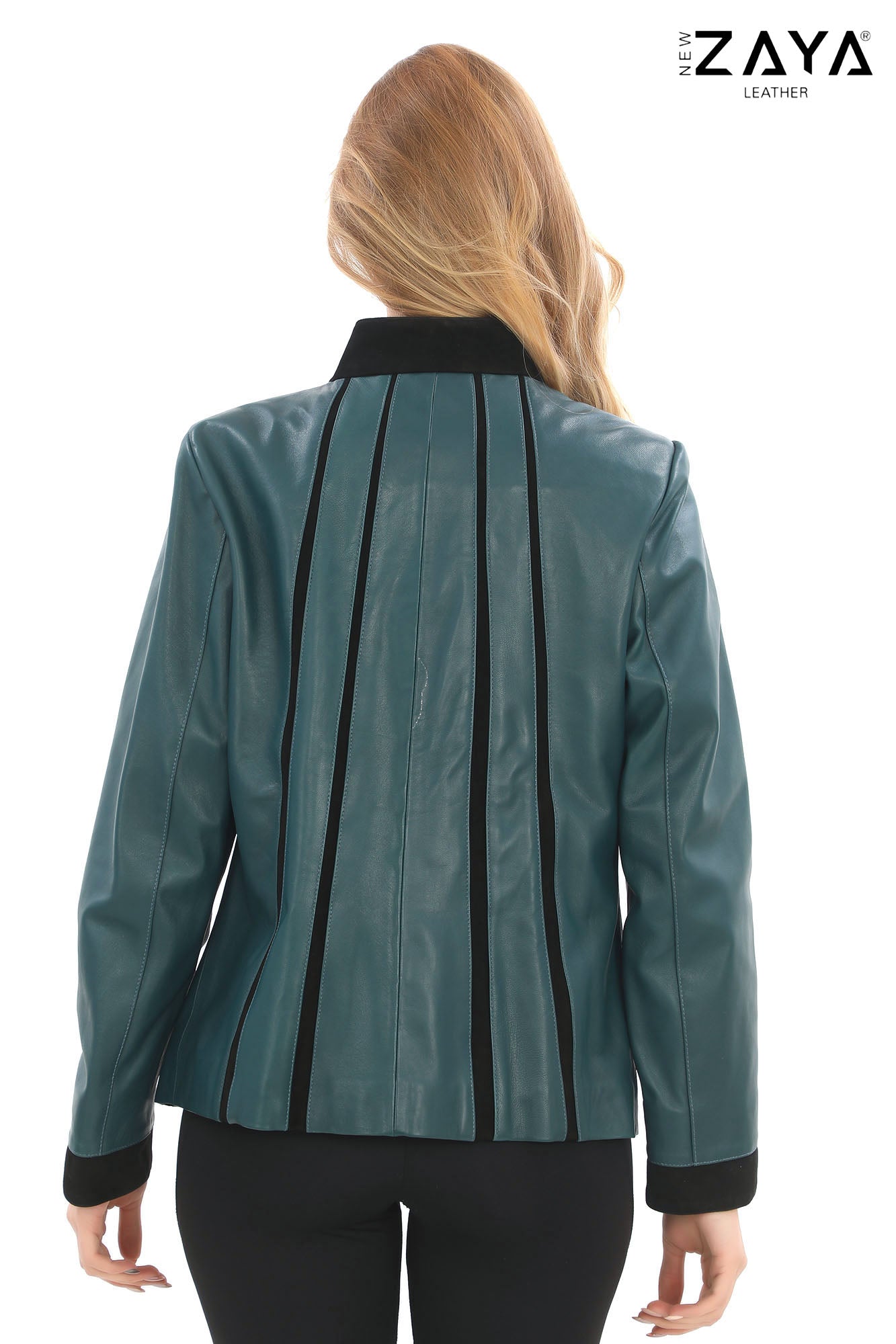 ATHENA ANTHRACITE GENUINE LEATHER & SUEDE PANELLED STATEMENT JACKET Petrol Blue