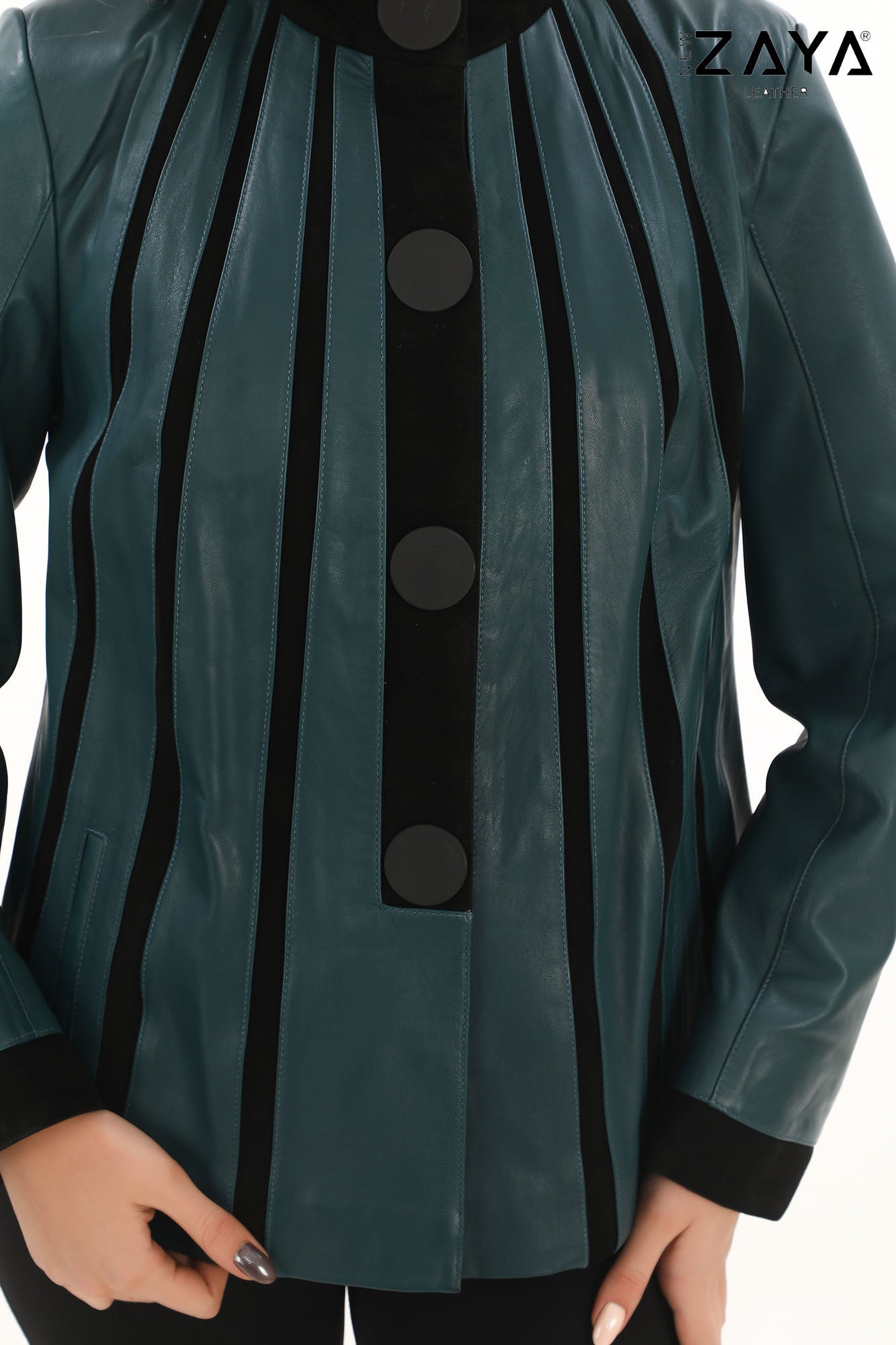 ATHENA ANTHRACITE GENUINE LEATHER & SUEDE PANELLED STATEMENT JACKET Petrol Blue