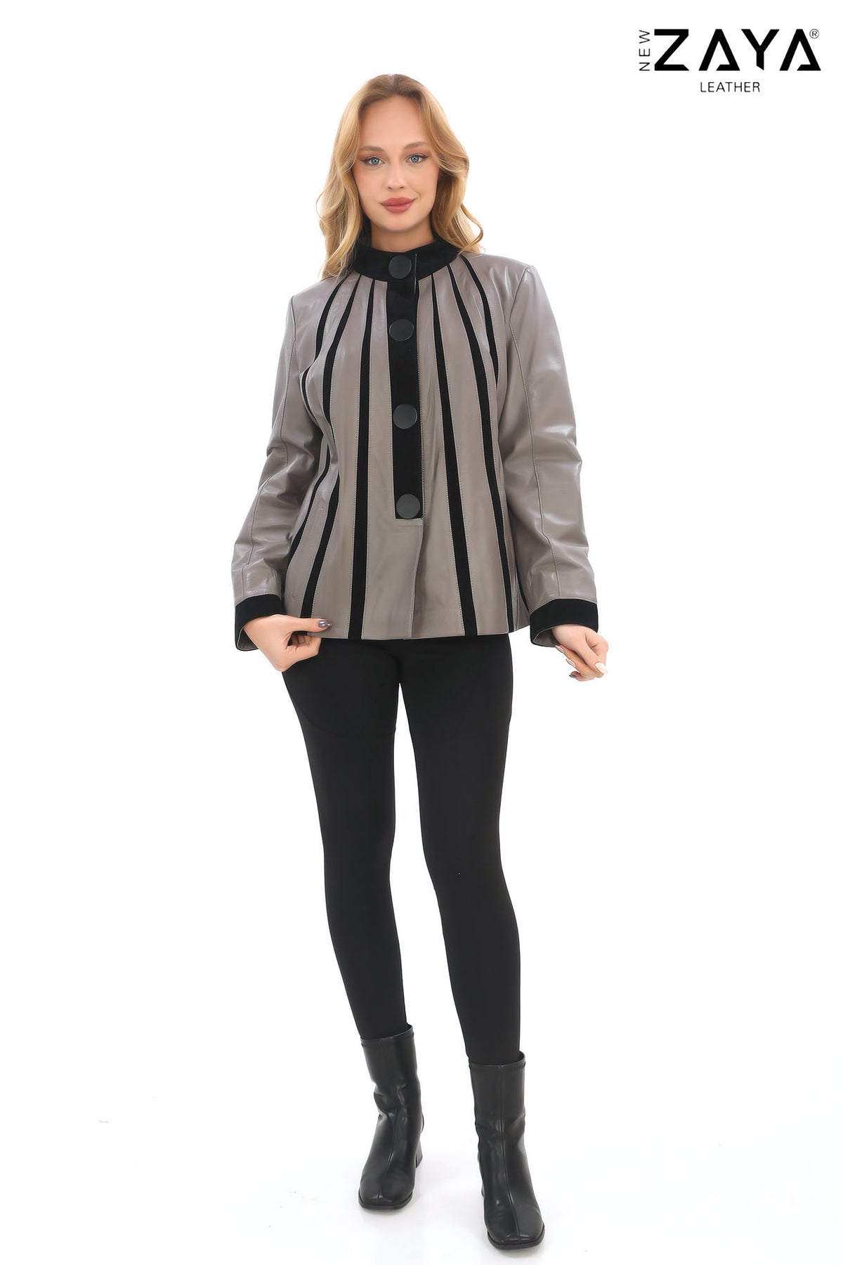 ATHENA ANTHRACITE GENUINE LEATHER & SUEDE PANELLED STATEMENT JACKET Taupe