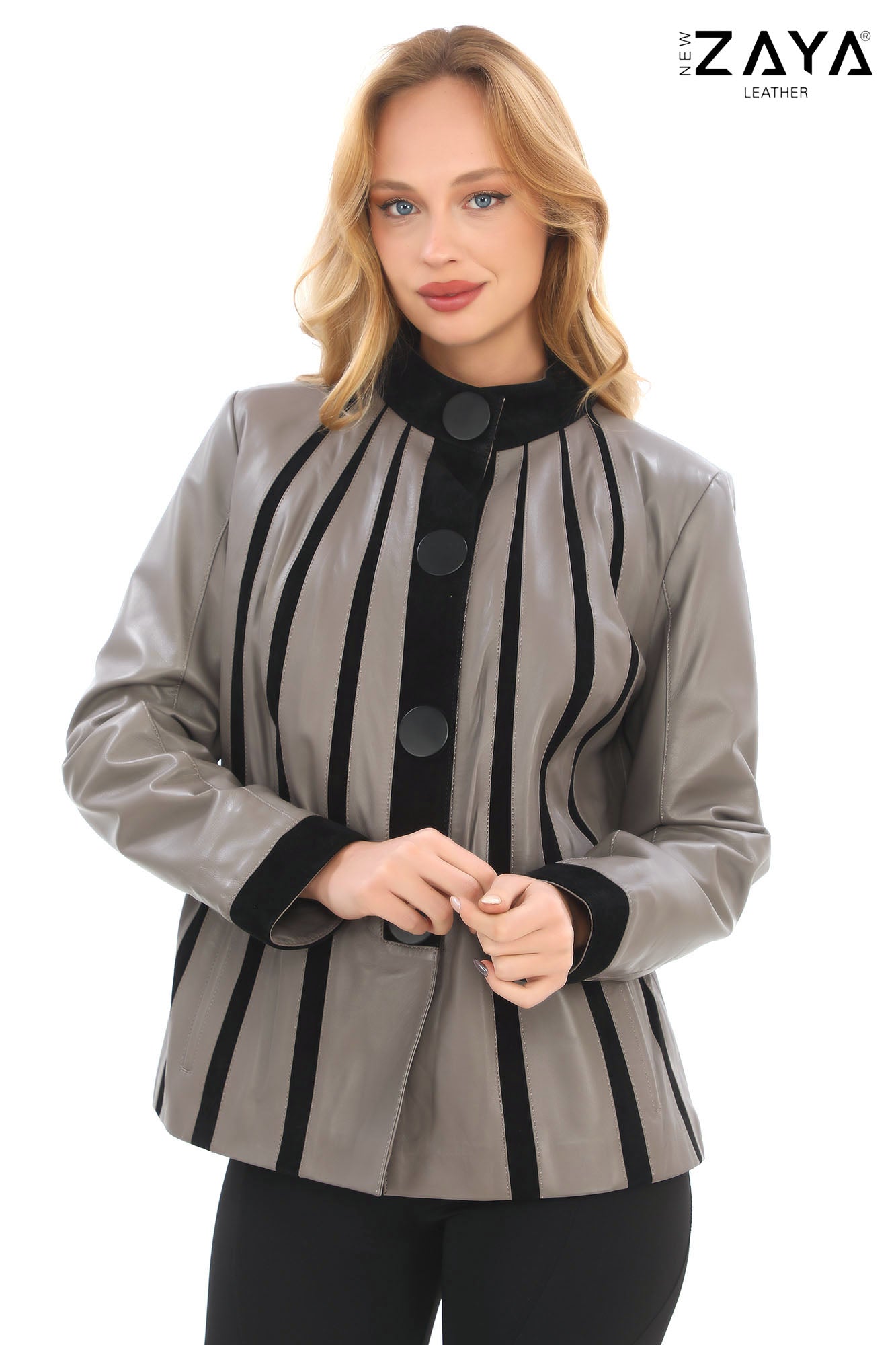ATHENA ANTHRACITE GENUINE LEATHER & SUEDE PANELLED STATEMENT JACKET Taupe
