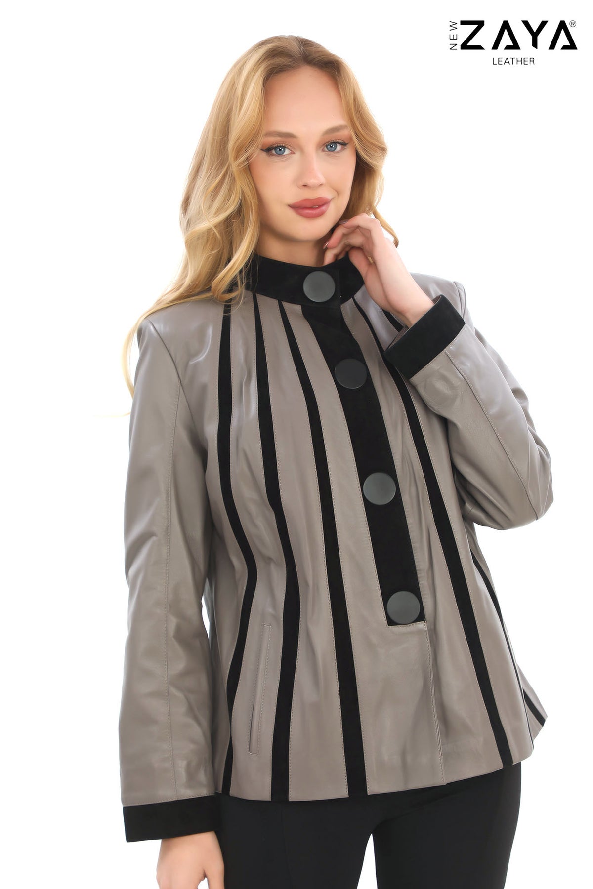 ATHENA ANTHRACITE GENUINE LEATHER & SUEDE PANELLED STATEMENT JACKET Taupe
