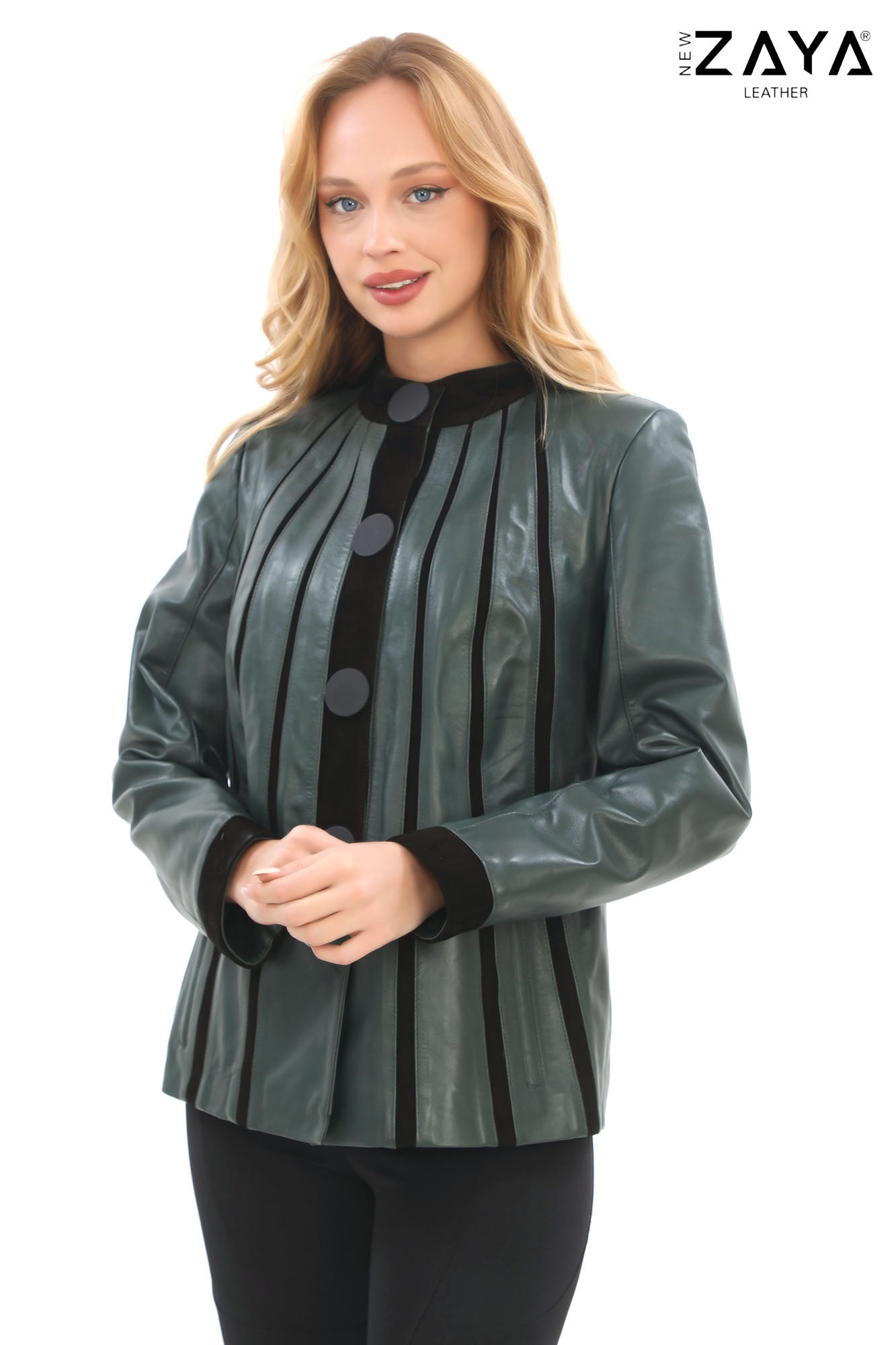 ATHENA ANTHRACITE GENUINE LEATHER & SUEDE PANELLED STATEMENT JACKET Khaki