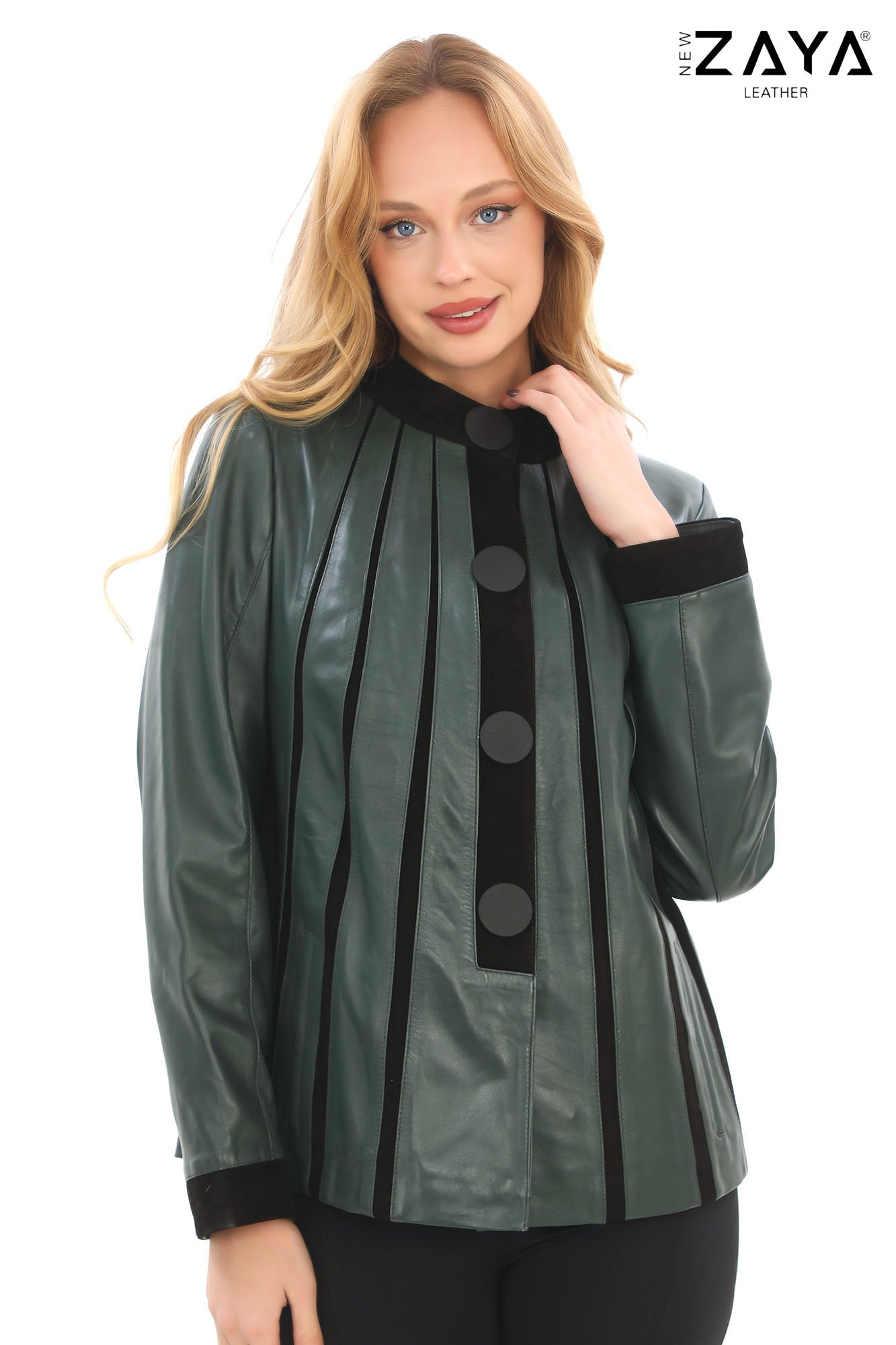ATHENA ANTHRACITE GENUINE LEATHER & SUEDE PANELLED STATEMENT JACKET Khaki