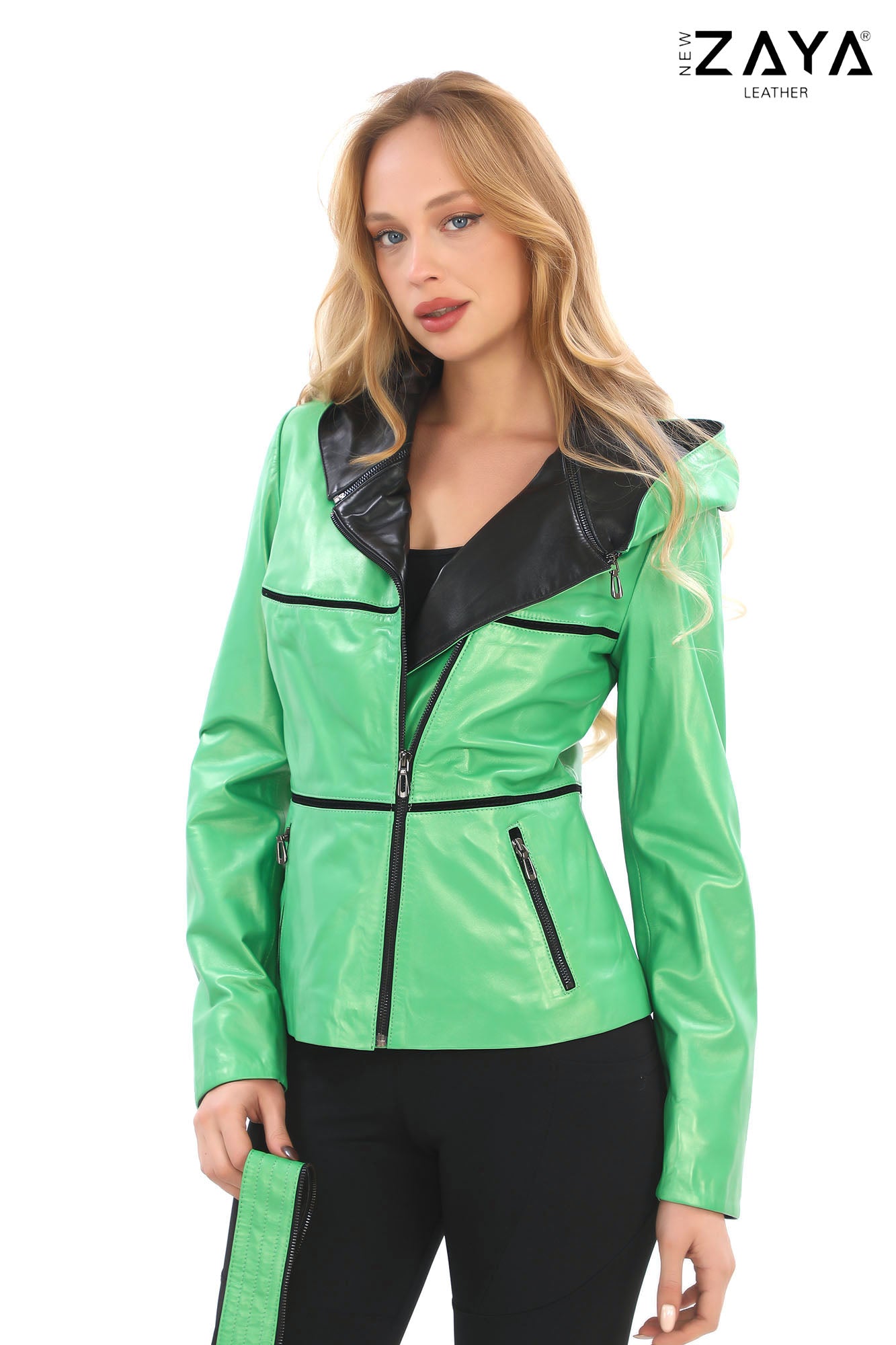 JAEEN Neon Green Genuine Lambskin Leather Jacket with Detachable Hood