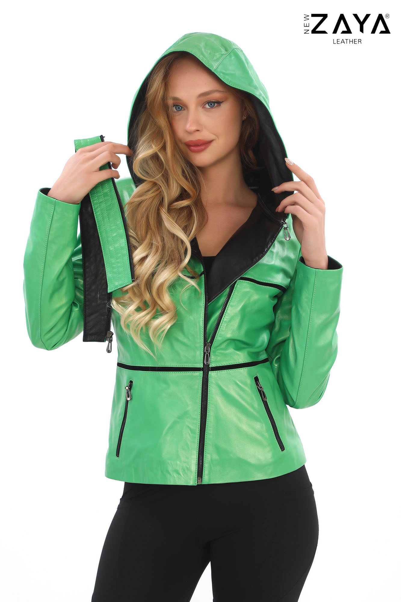 JAEEN Neon Green Genuine Lambskin Leather Jacket with Detachable Hood