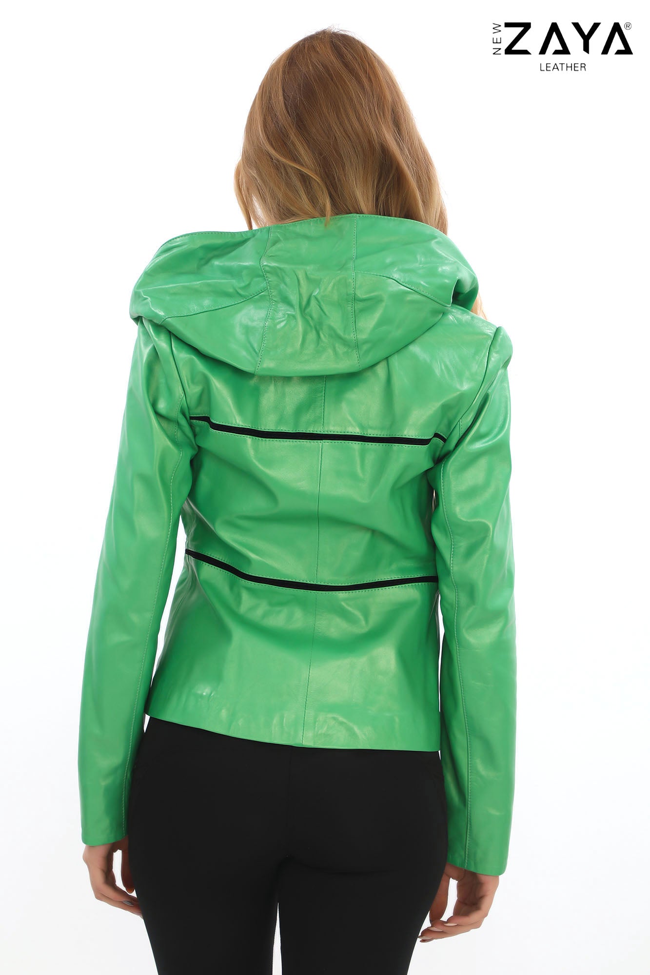 JAEEN Neon Green Genuine Lambskin Leather Jacket with Detachable Hood