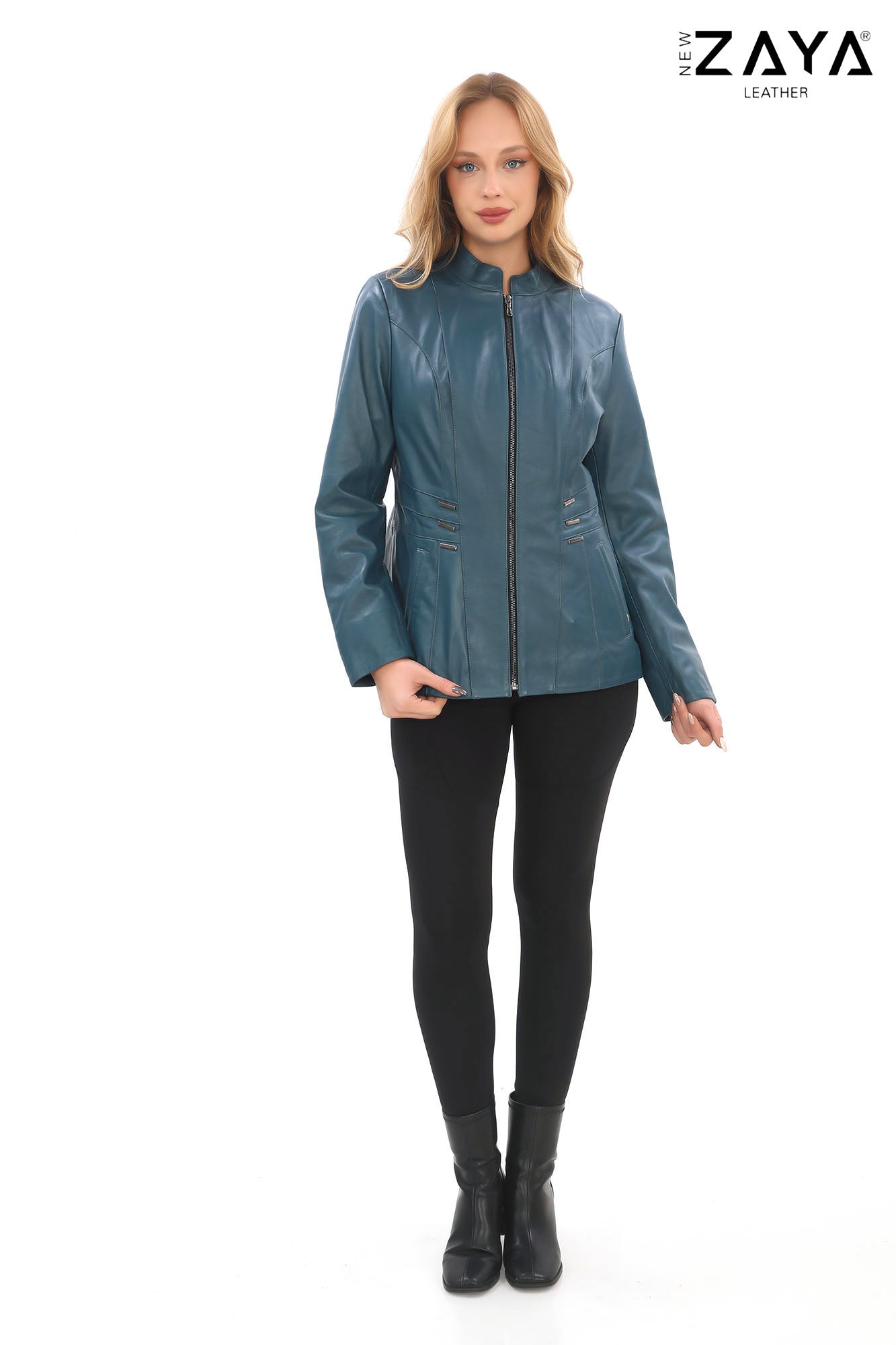 Treviso Genuine Lambskin Blue Leather Jacket with Metallic Side Bar Details