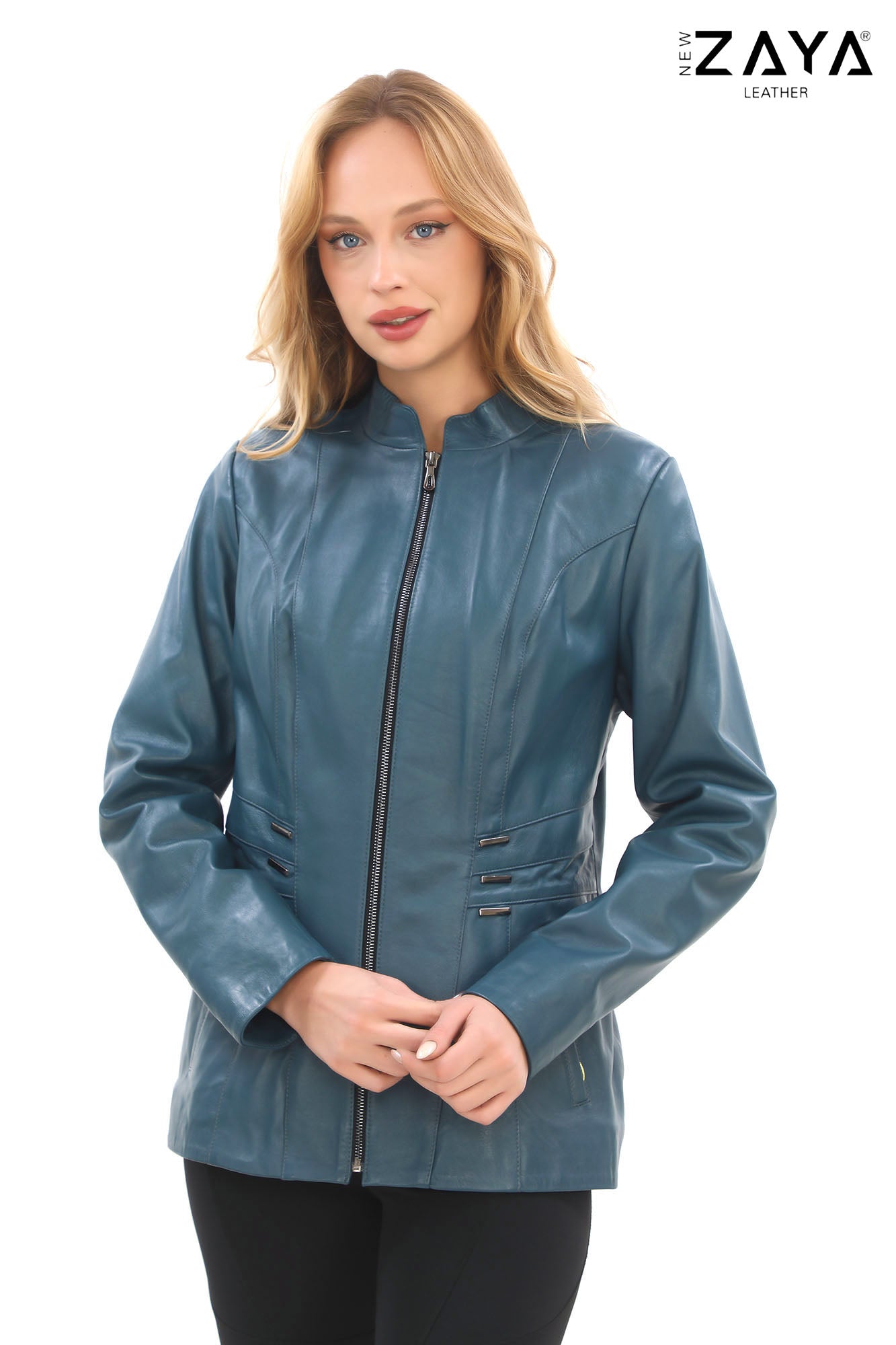 Treviso Genuine Lambskin Blue Leather Jacket with Metallic Side Bar Details