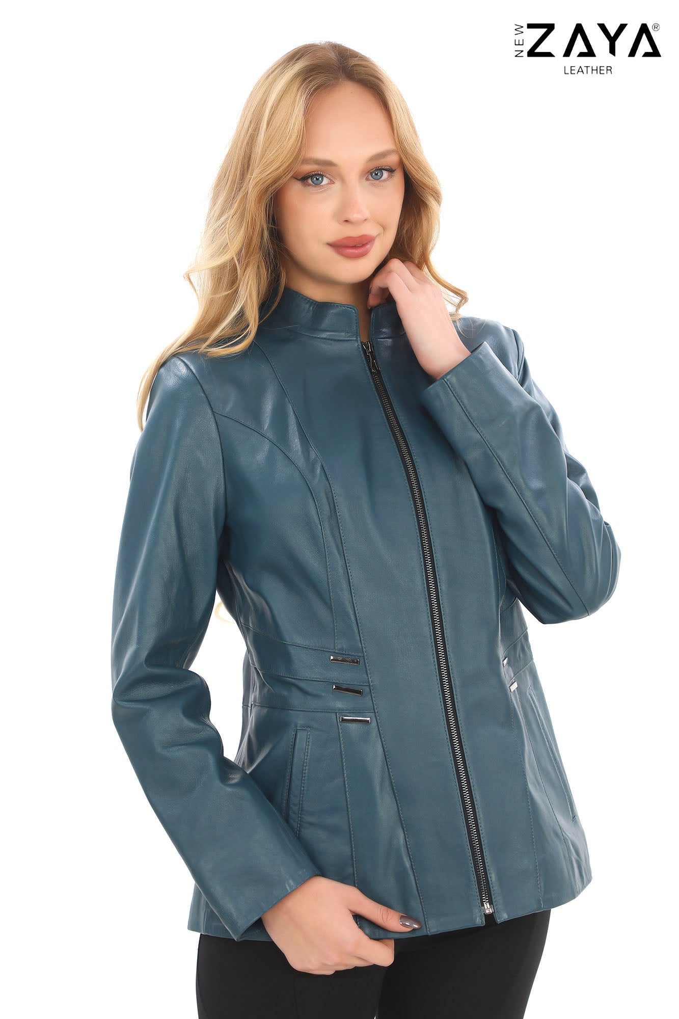 Treviso Genuine Lambskin Blue Leather Jacket with Metallic Side Bar Details