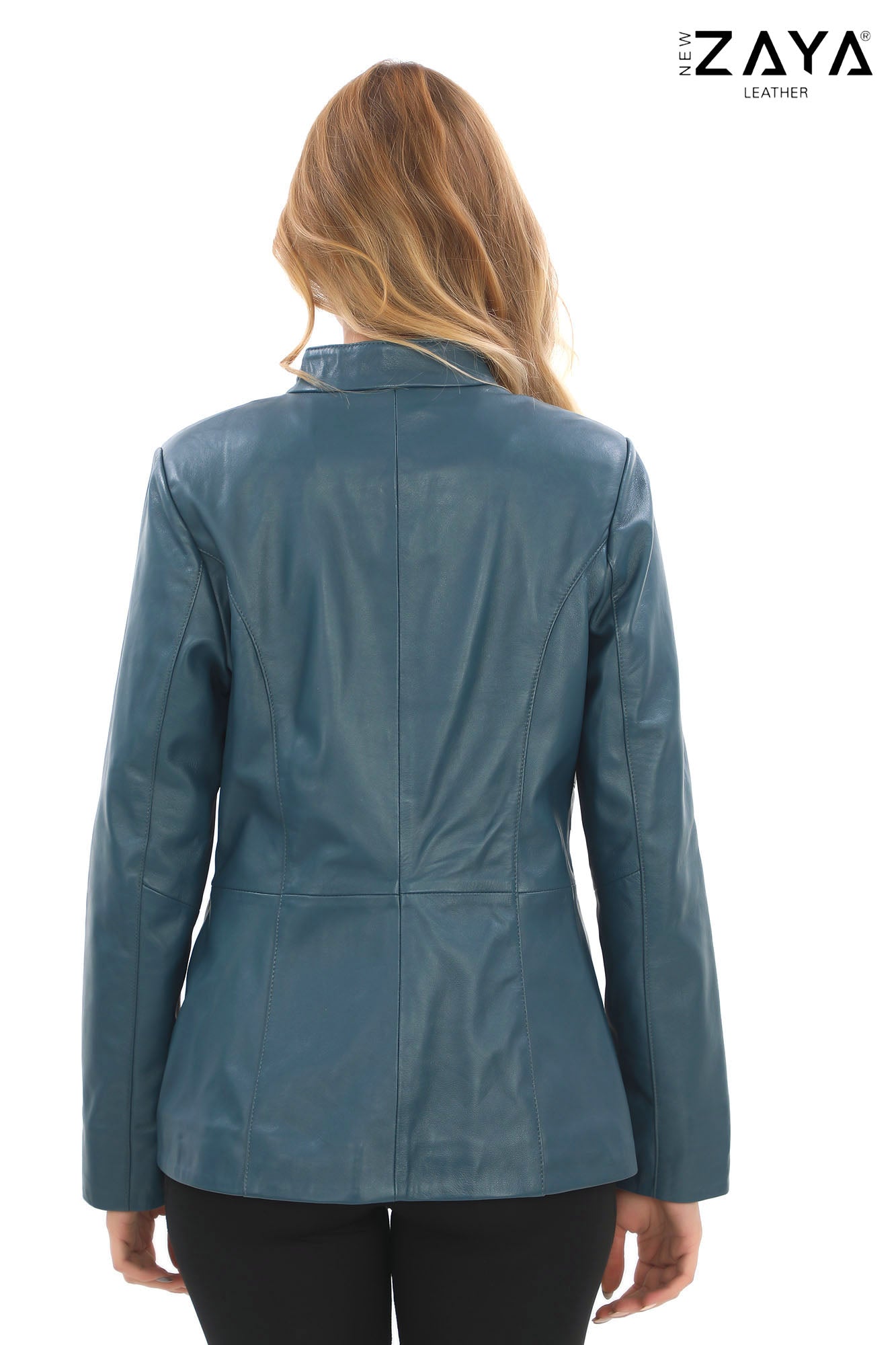 Treviso Genuine Lambskin Blue Leather Jacket with Metallic Side Bar Details