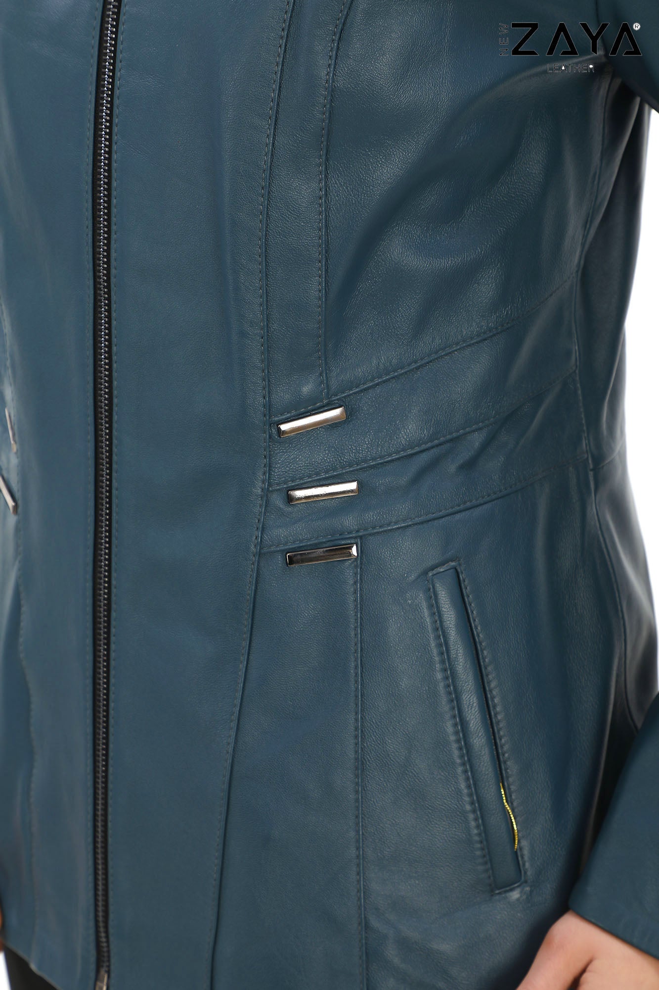 Treviso Genuine Lambskin Blue Leather Jacket with Metallic Side Bar Details