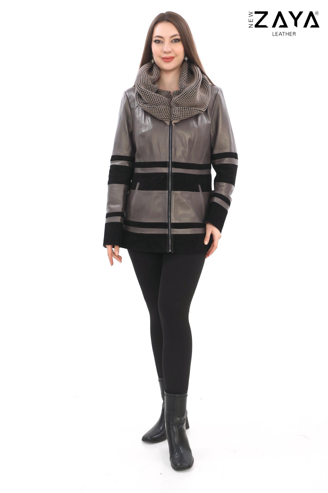 Aurevine Women’s Taupe Genuine Leather Jacket with Knit Shawl Collar and Suede Contrast Panels