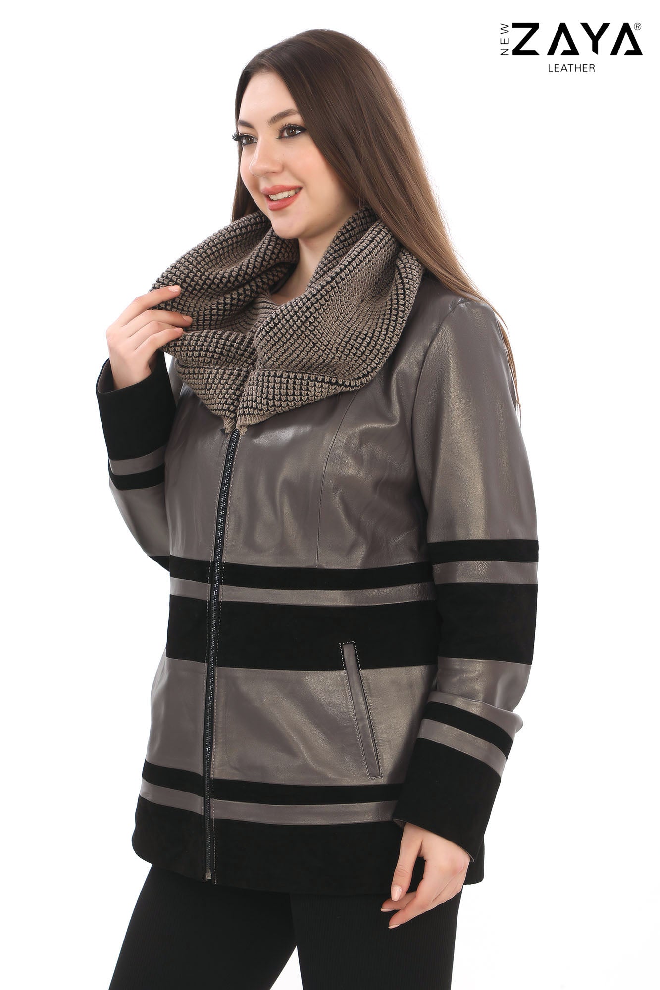 Aurevine Women’s Taupe Genuine Leather Jacket with Knit Shawl Collar and Suede Contrast Panels