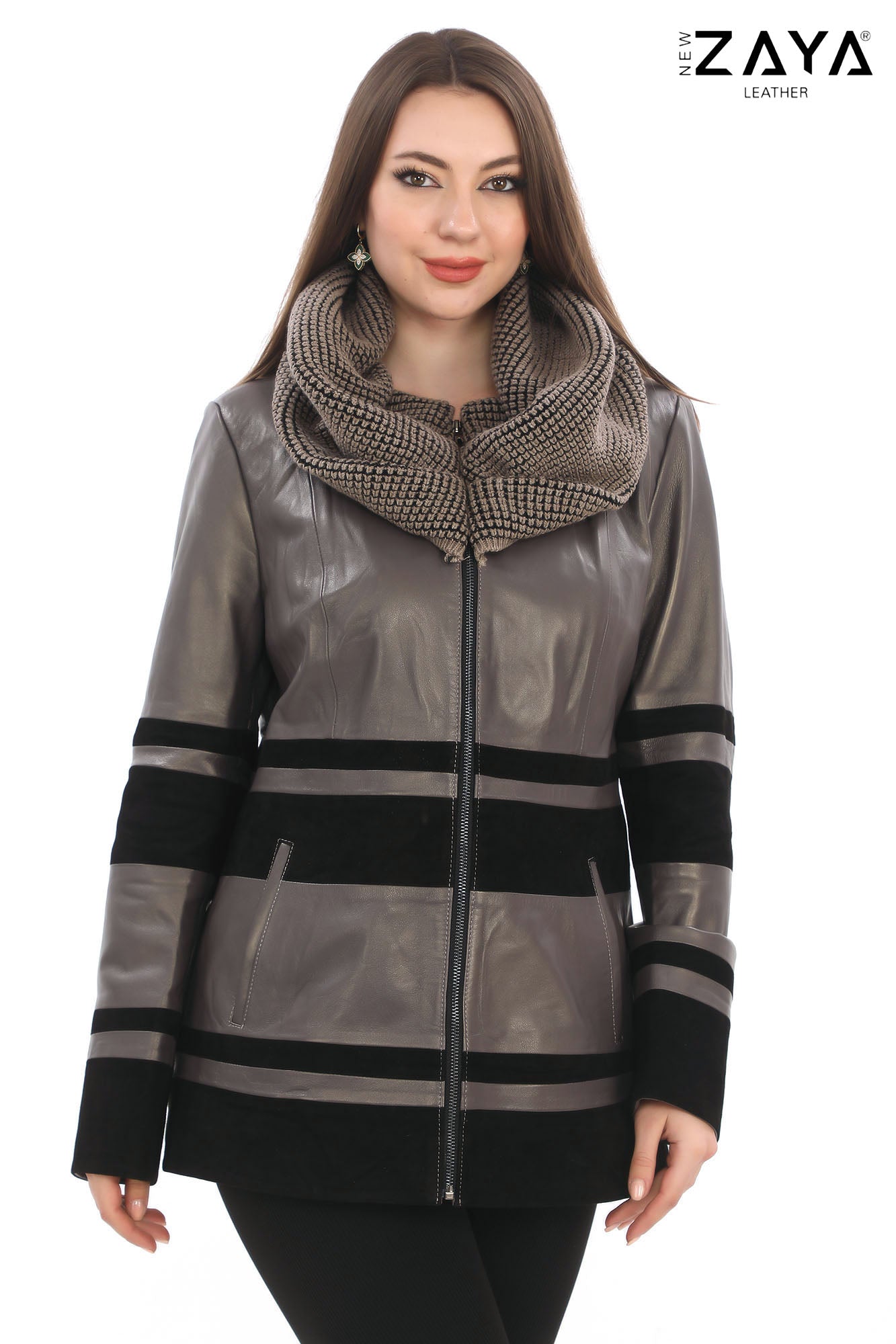 Aurevine Women’s Taupe Genuine Leather Jacket with Knit Shawl Collar and Suede Contrast Panels