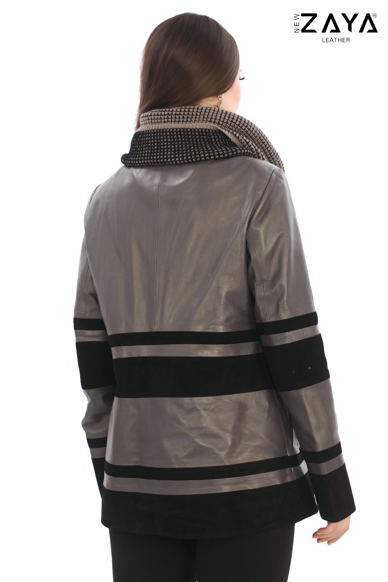 Aurevine Women’s Taupe Genuine Leather Jacket with Knit Shawl Collar and Suede Contrast Panels
