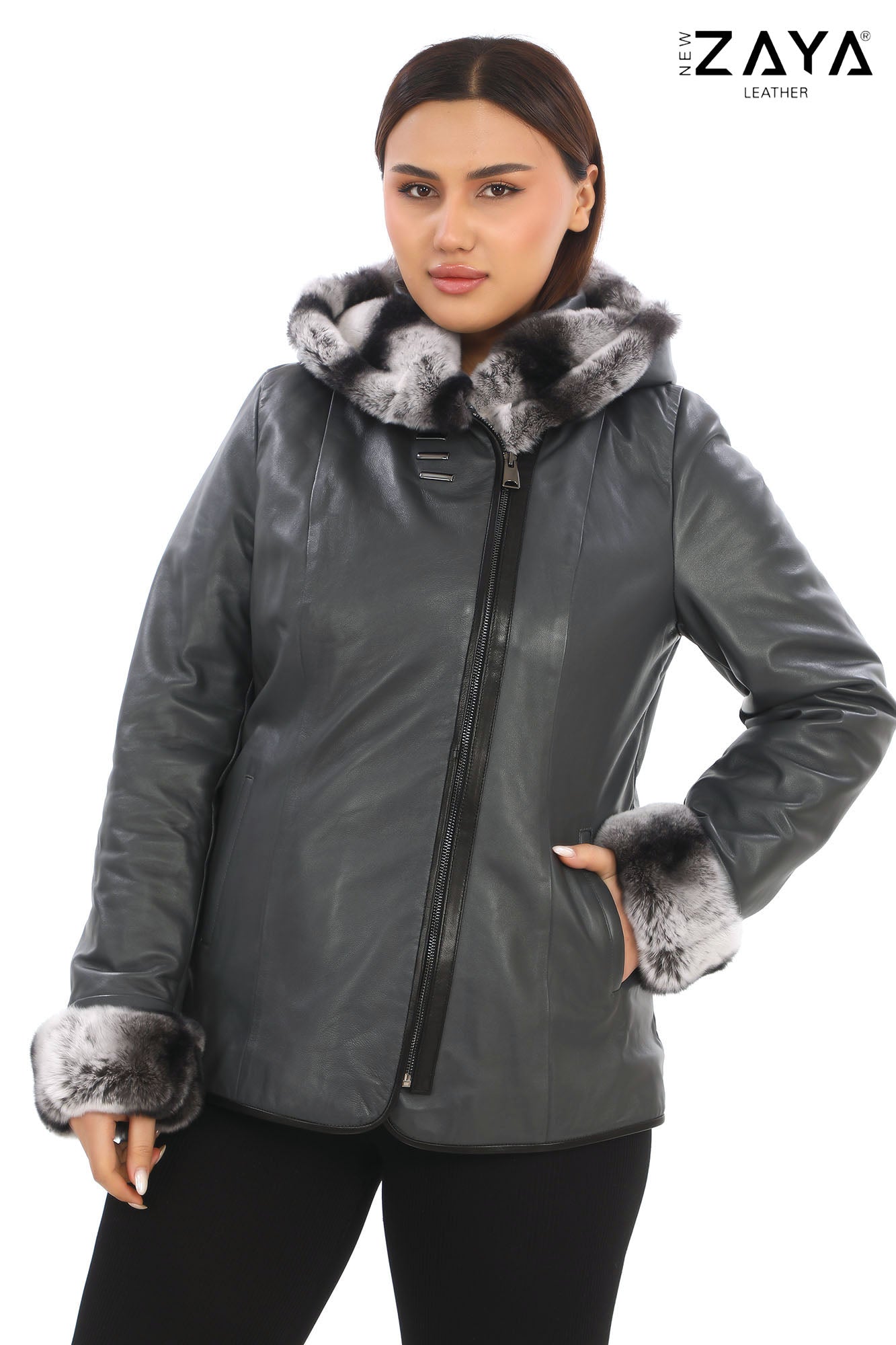 SAVELIA ANTHRACITE Fox Fur Trim Lambskin Leather Jacket