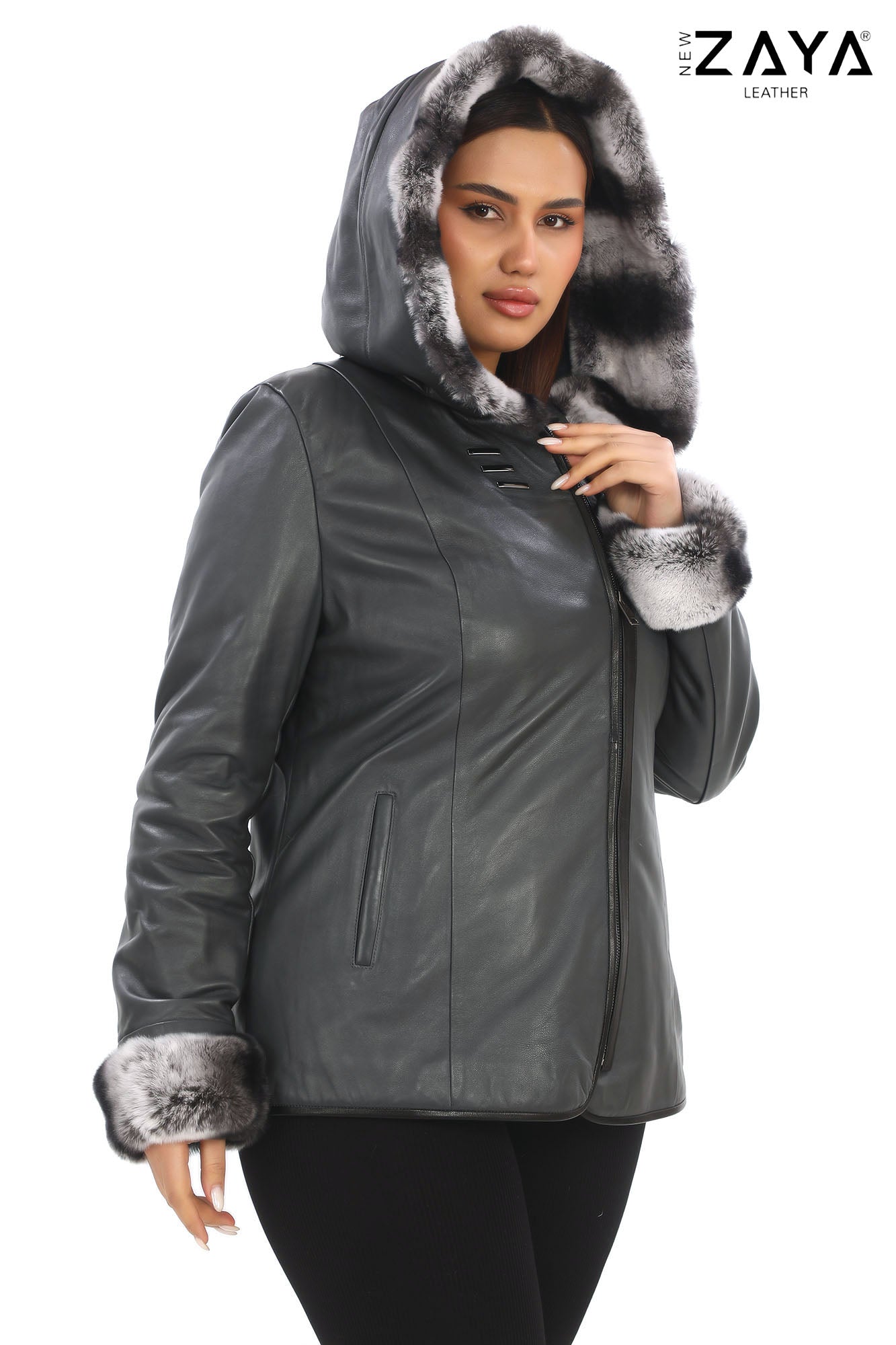 SAVELIA ANTHRACITE Fox Fur Trim Lambskin Leather Jacket