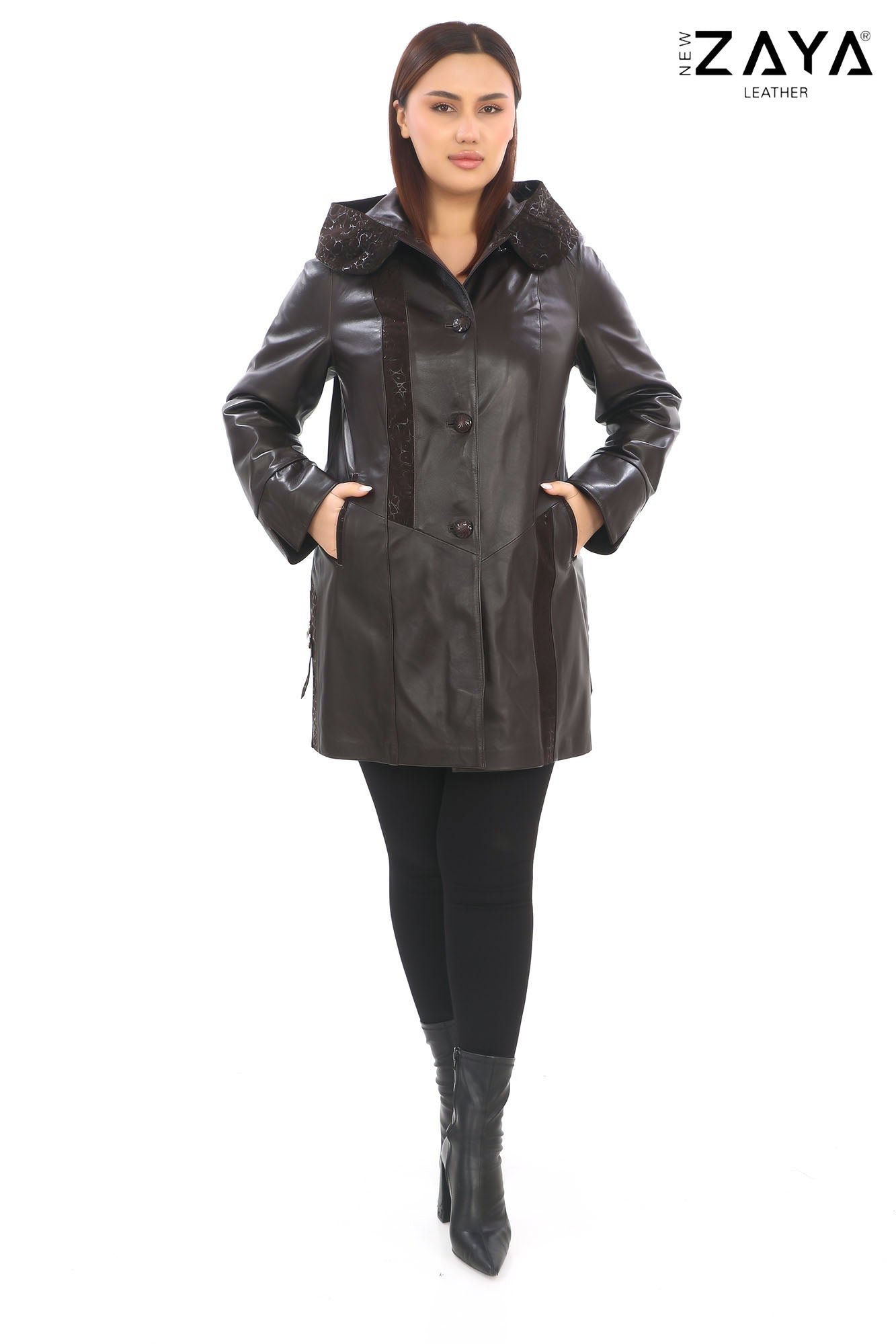 ÉLYSA CROCO – Hooded Leather Trench Coat Brown