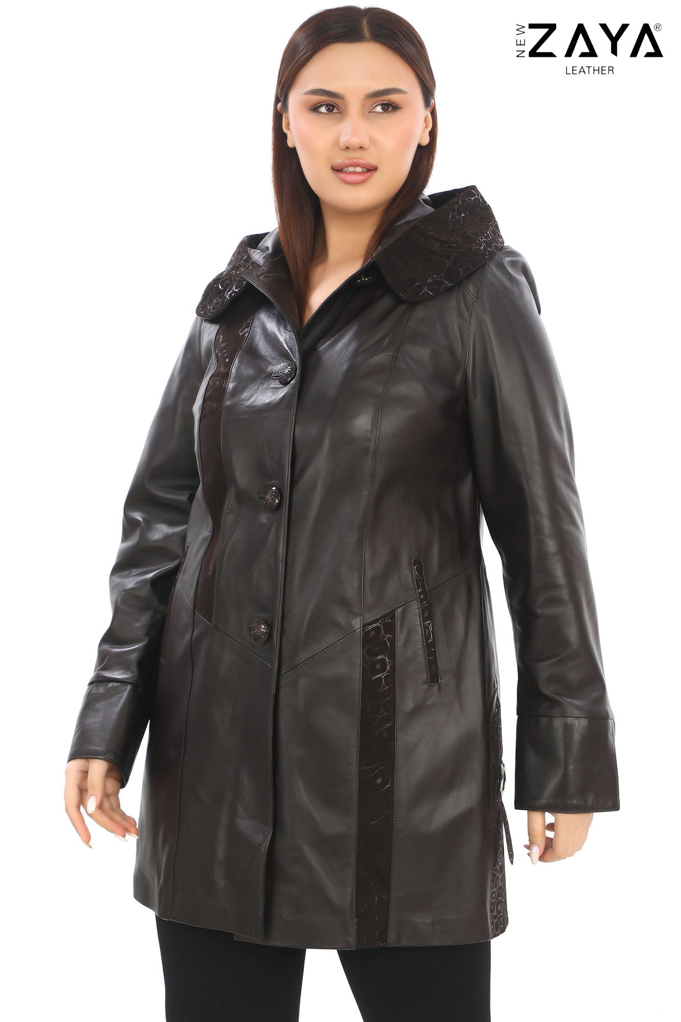 ÉLYSA CROCO – Hooded Leather Trench Coat Brown