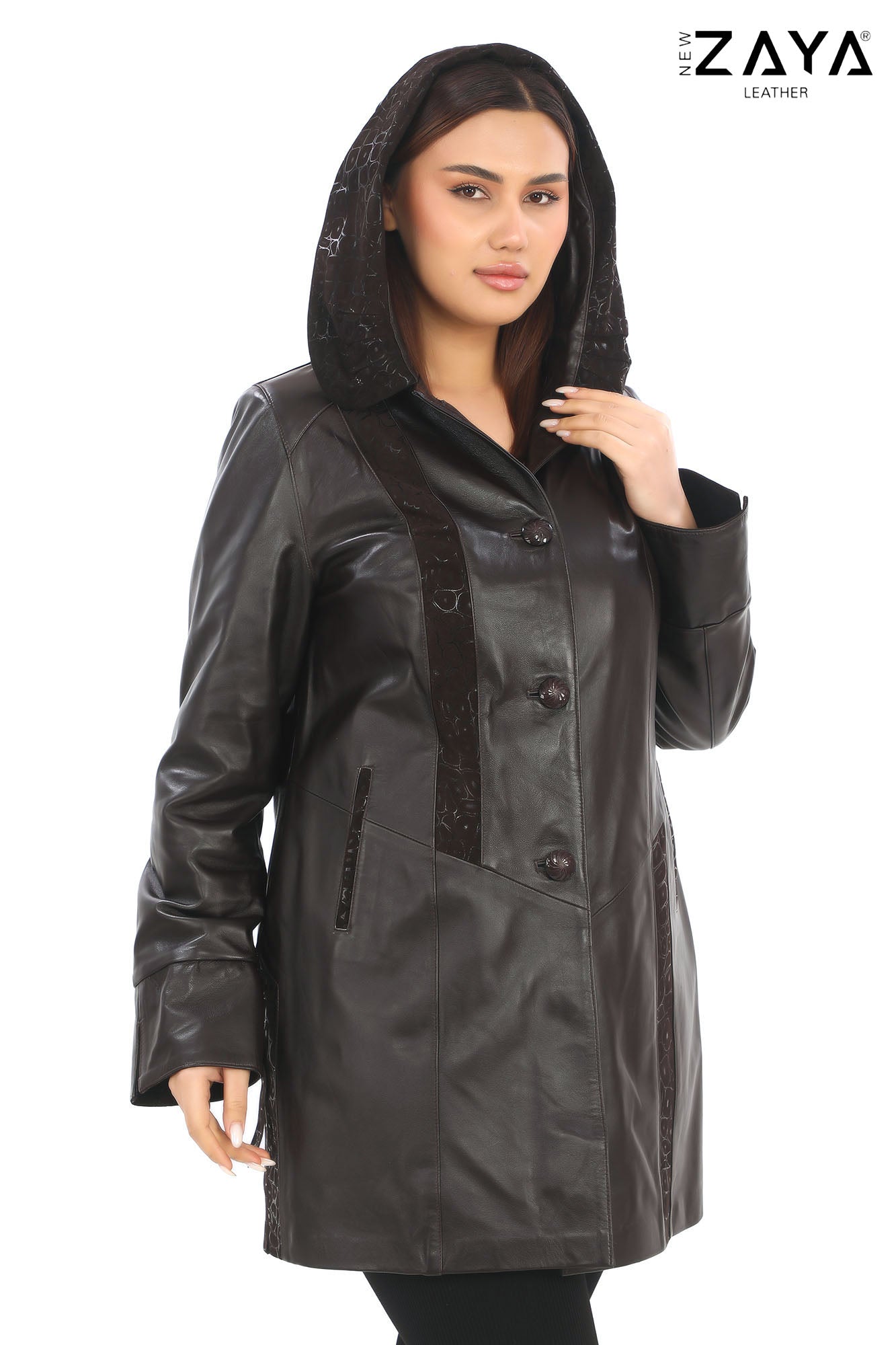 ÉLYSA CROCO – Hooded Leather Trench Coat Brown
