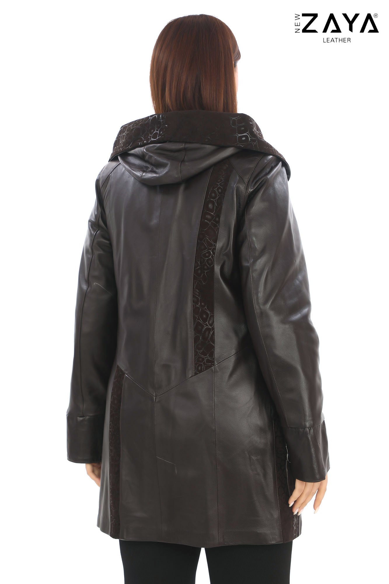 ÉLYSA CROCO – Hooded Leather Trench Coat Brown