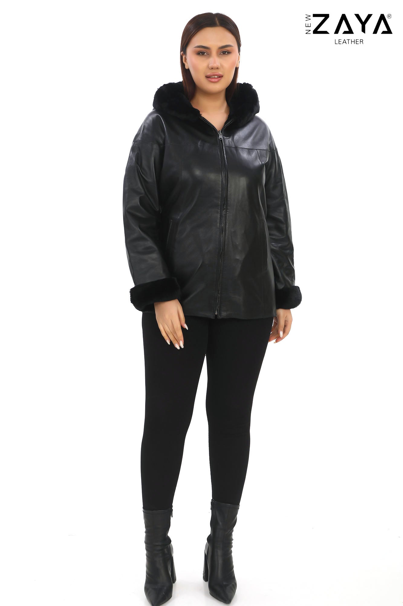 AURELIA NOIR – Fur Trim Hooded Leather Jacket