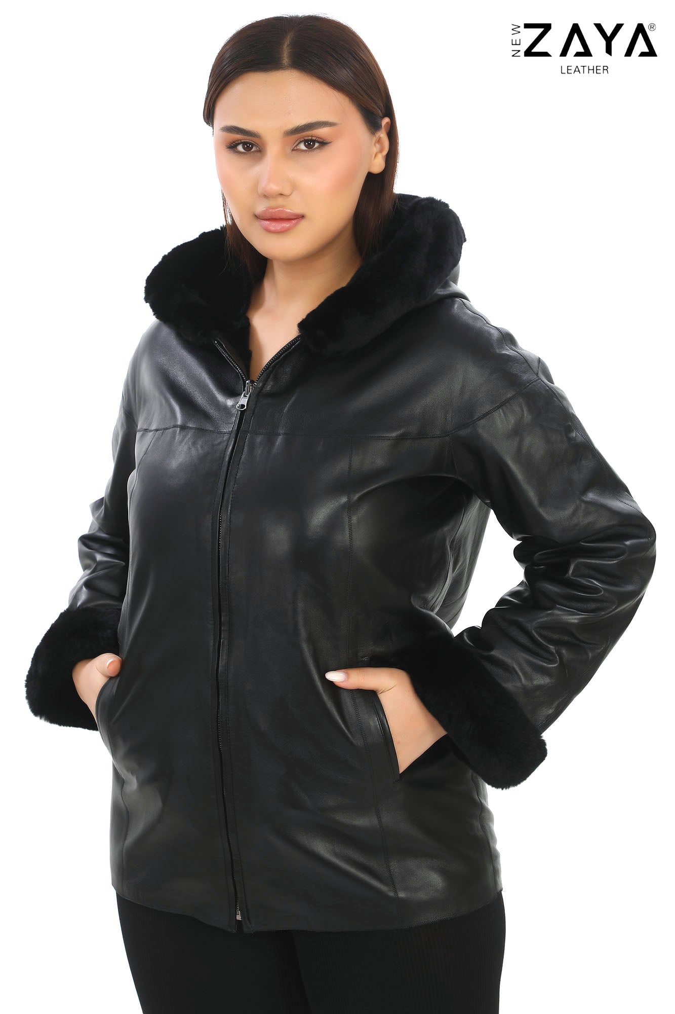 AURELIA NOIR – Fur Trim Hooded Leather Jacket