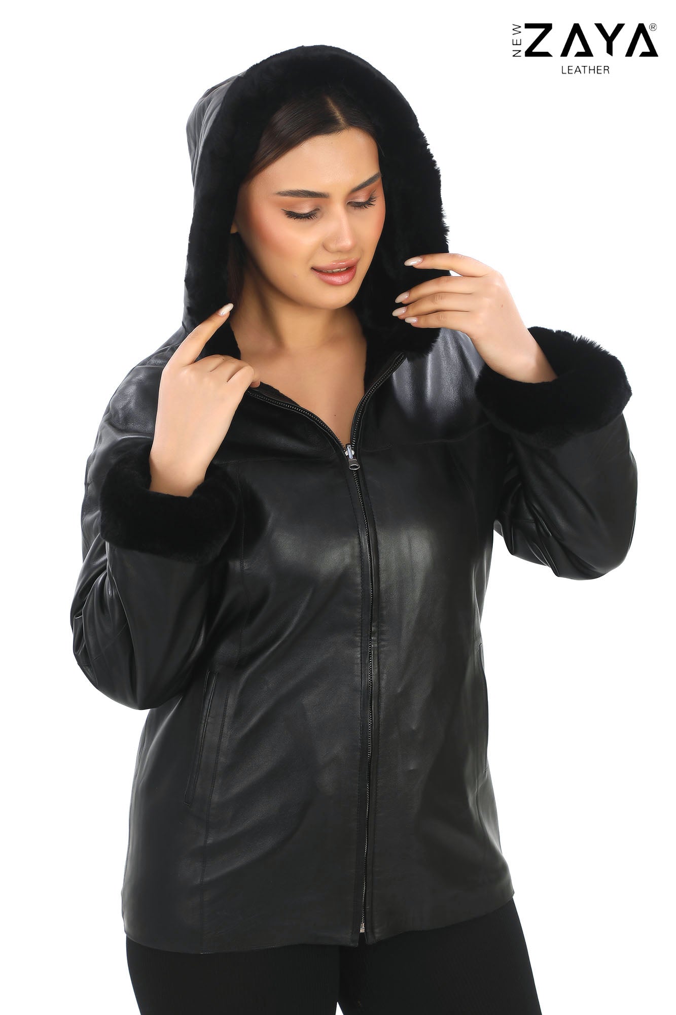 AURELIA NOIR – Fur Trim Hooded Leather Jacket