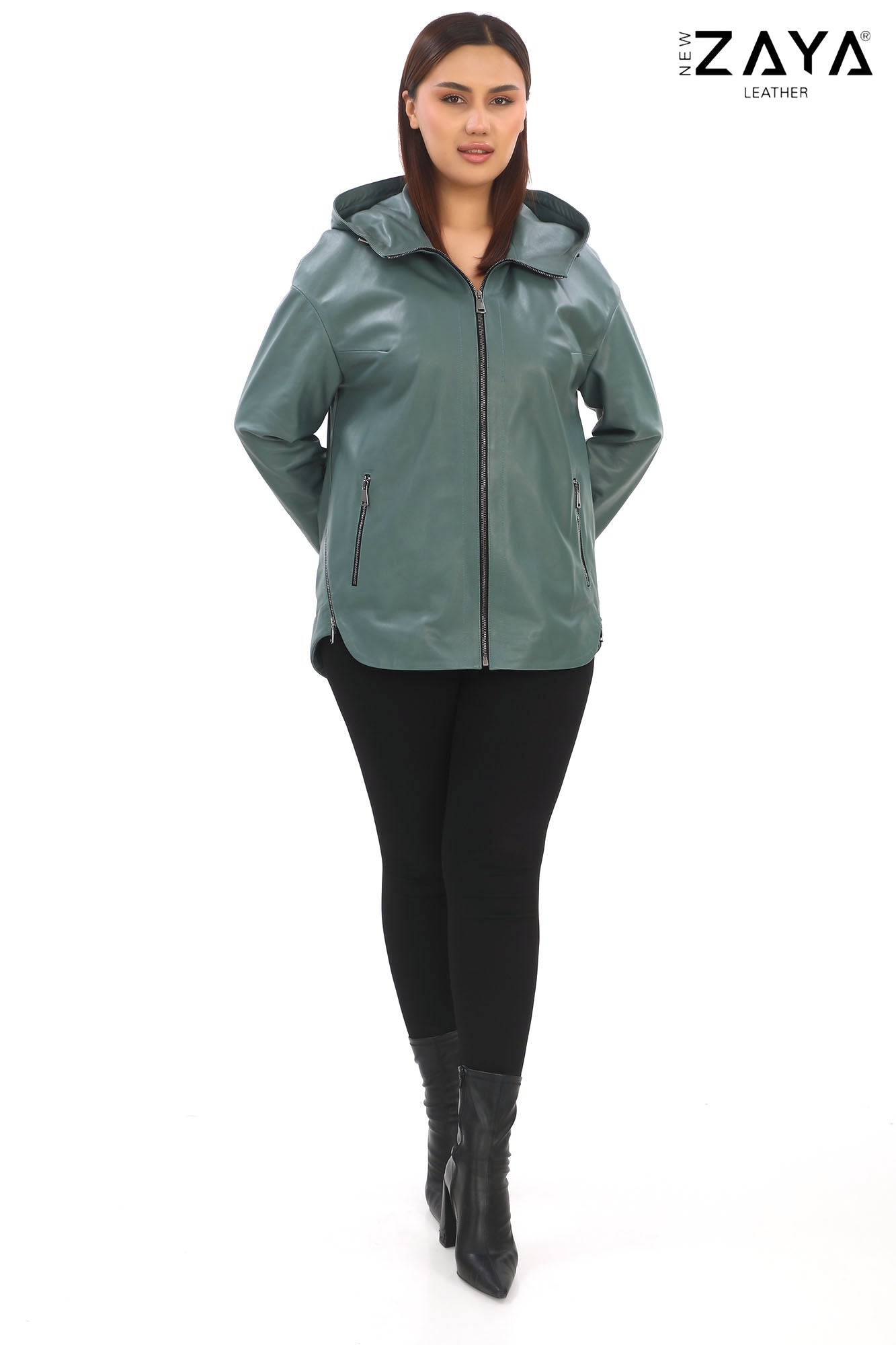 LUNA MINT GREEN HOODED GENUINE LEATHER PARKA JACKET