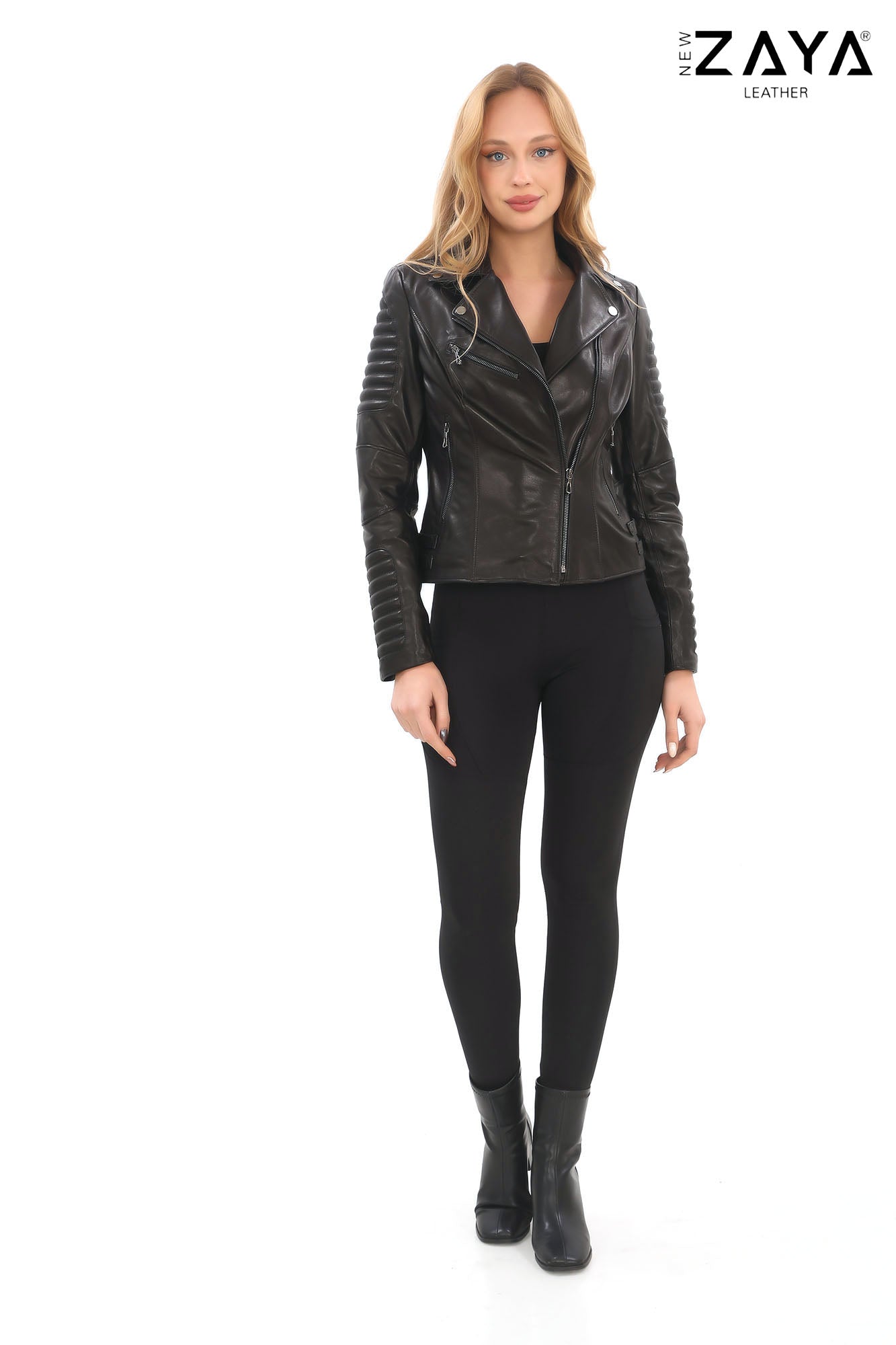 AURELIA NOIR – Ribbed Biker Leather Jacket