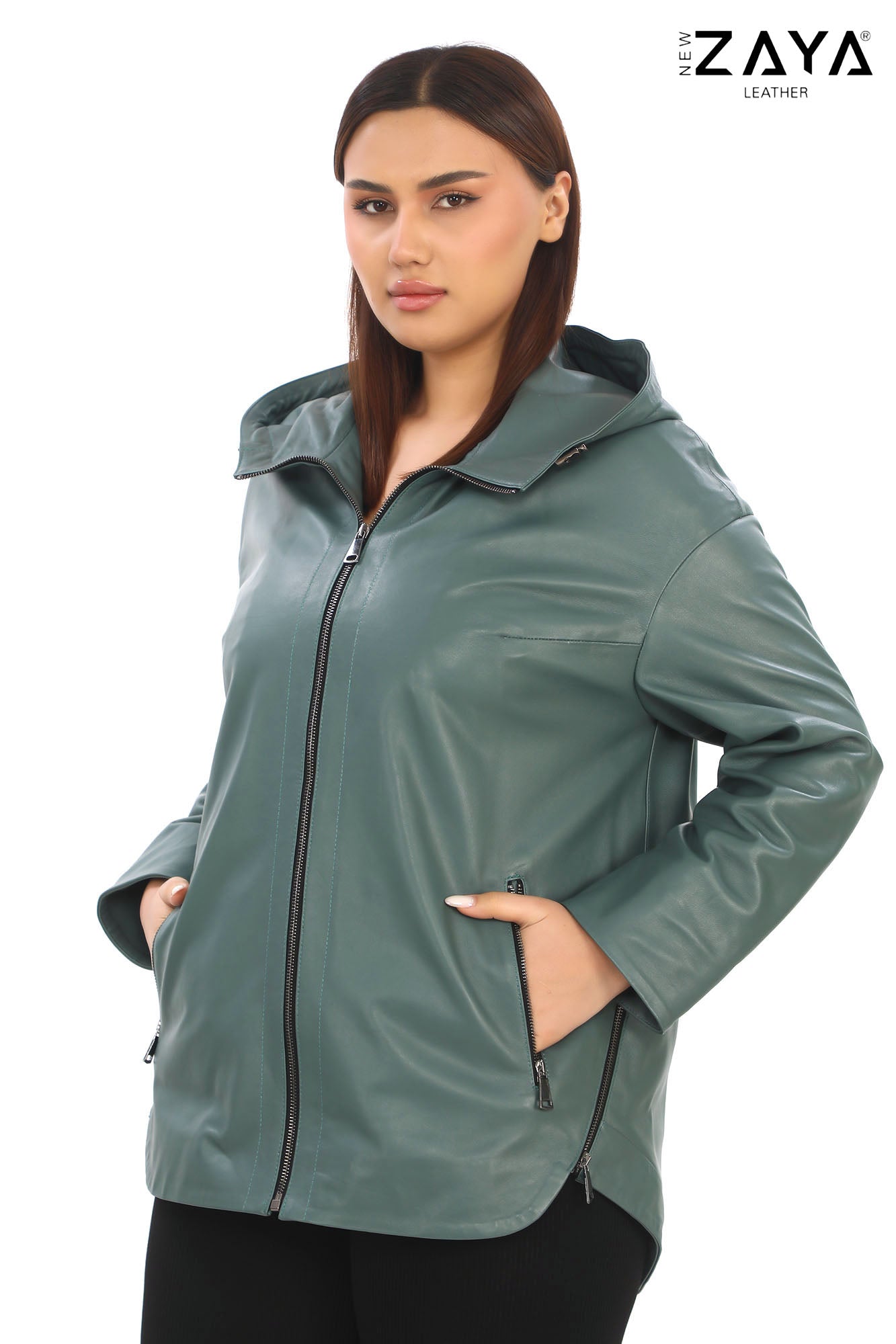 LUNA MINT GREEN HOODED GENUINE LEATHER PARKA JACKET