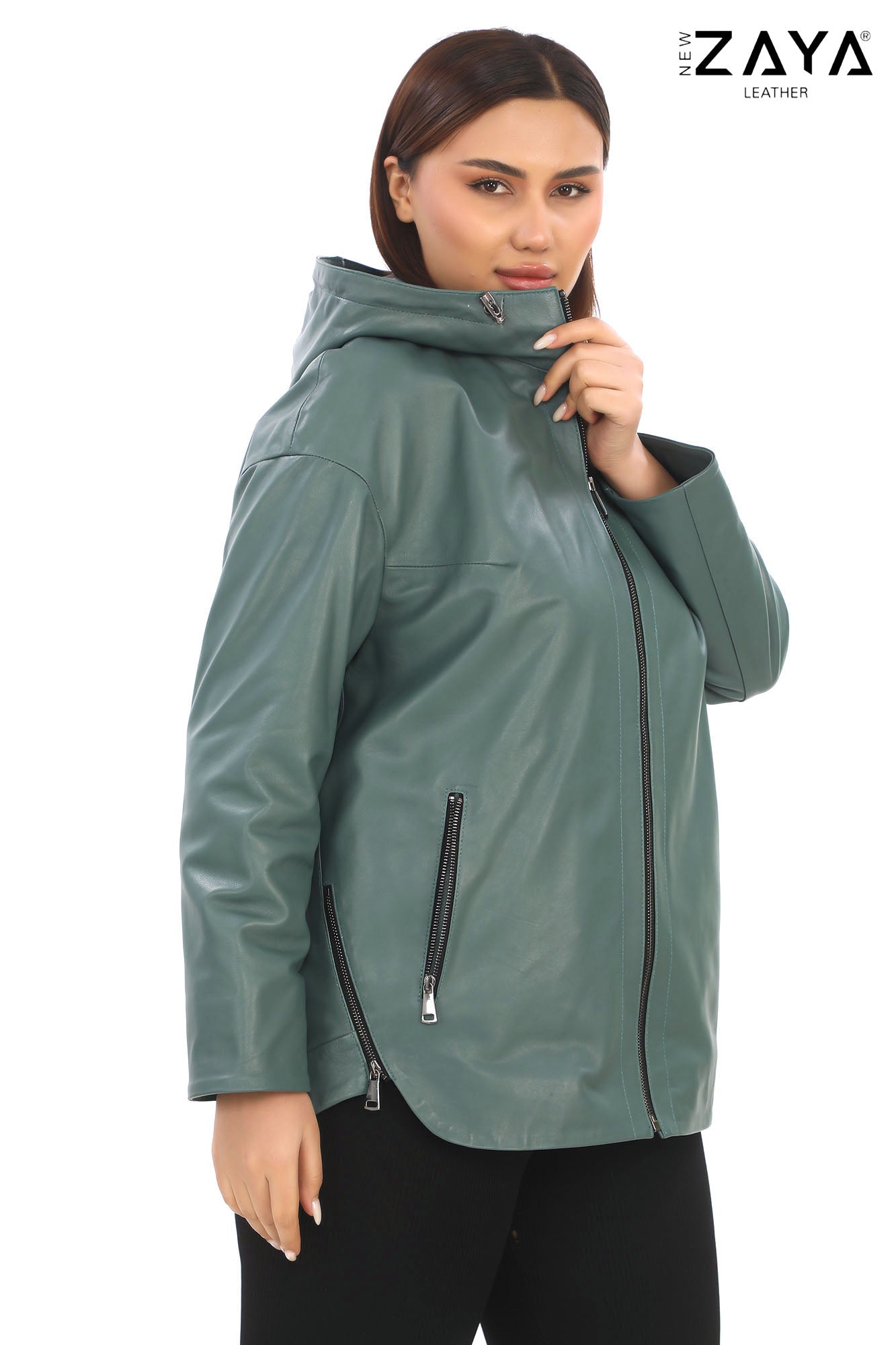 LUNA MINT GREEN HOODED GENUINE LEATHER PARKA JACKET