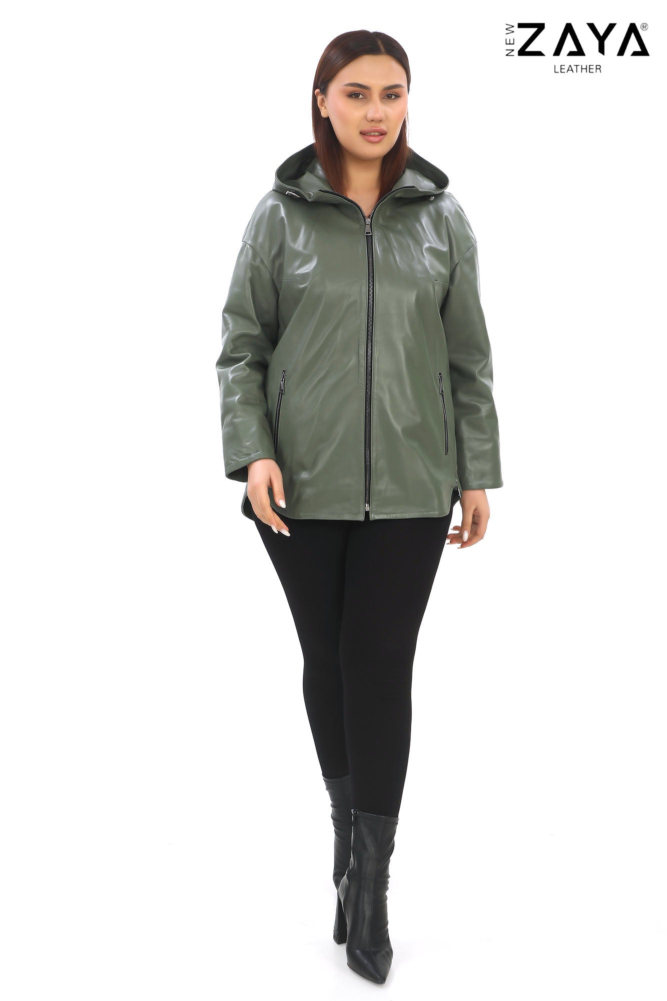 LUNA KHAKI HOODED GENUINE LEATHER PARKA JACKET