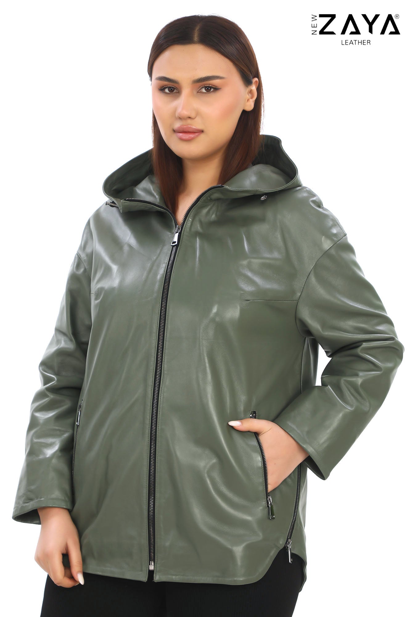 LUNA KHAKI HOODED GENUINE LEATHER PARKA JACKET