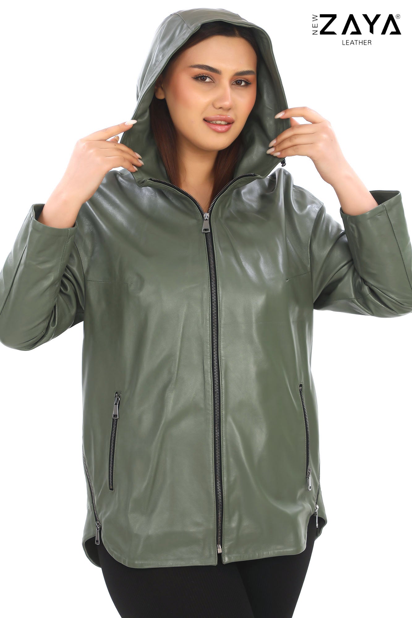 LUNA KHAKI HOODED GENUINE LEATHER PARKA JACKET