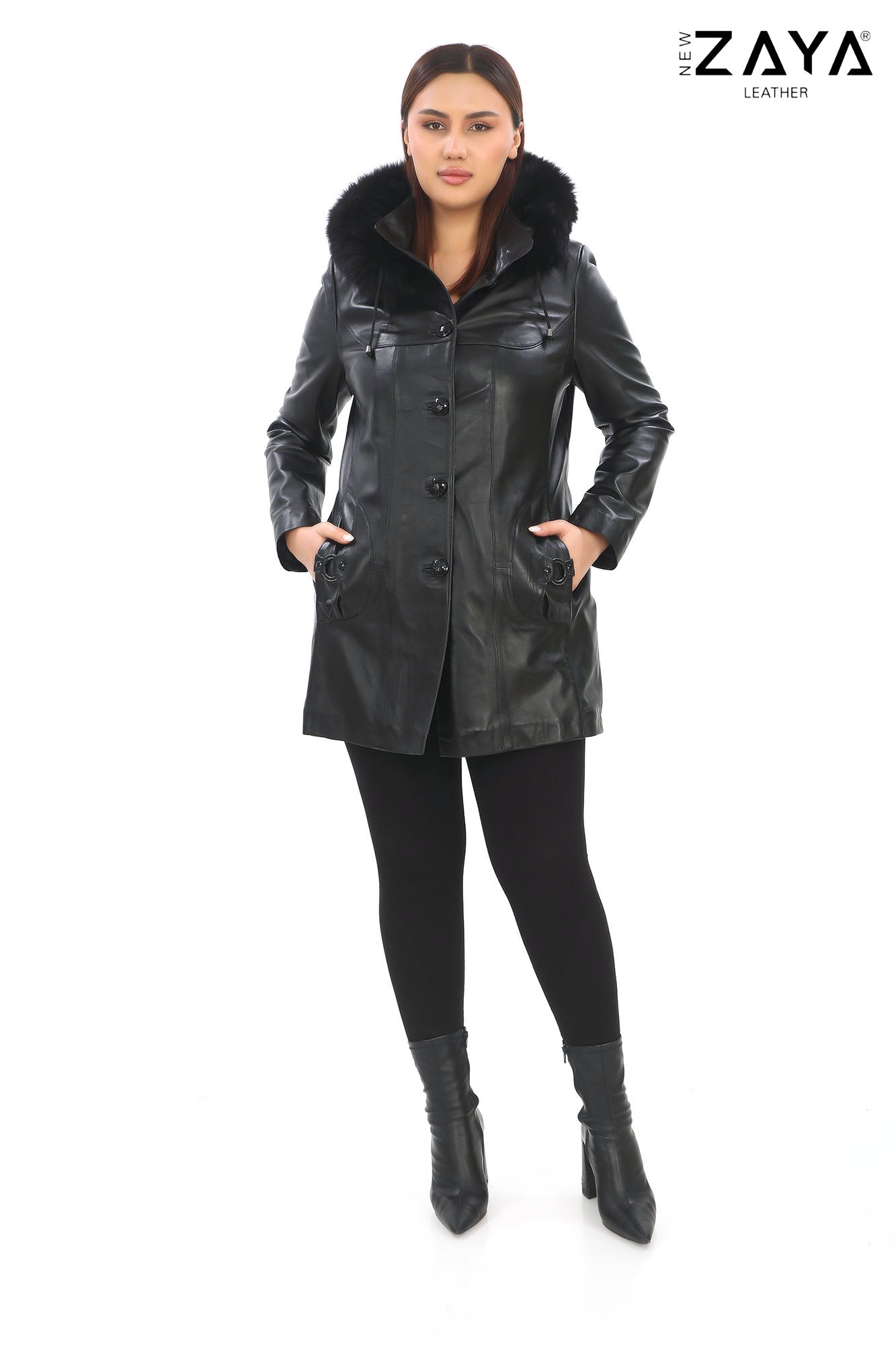 VELMORA NOIR – Fur Hooded Leather Trench Coat Black