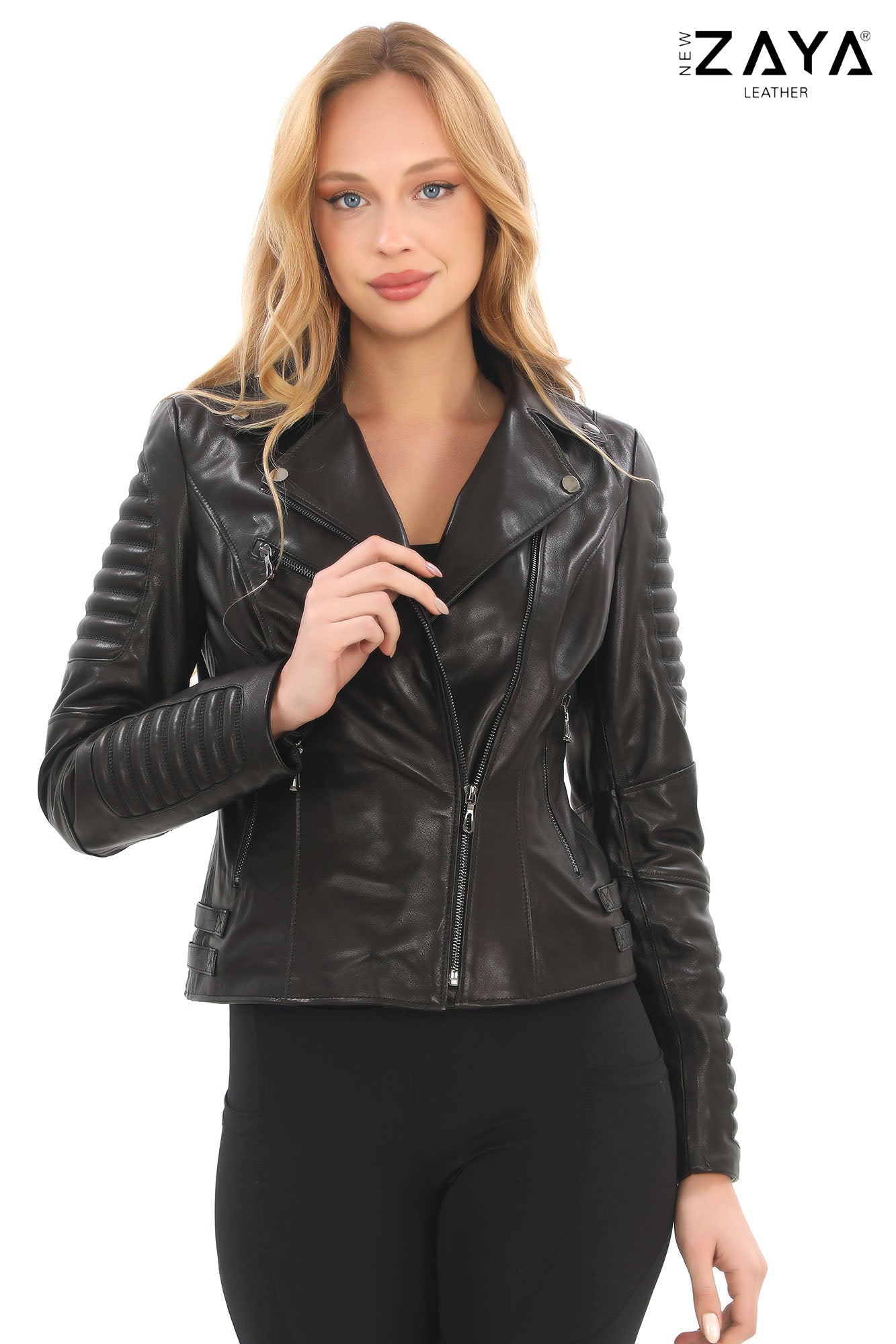 AURELIA NOIR – Ribbed Biker Leather Jacket