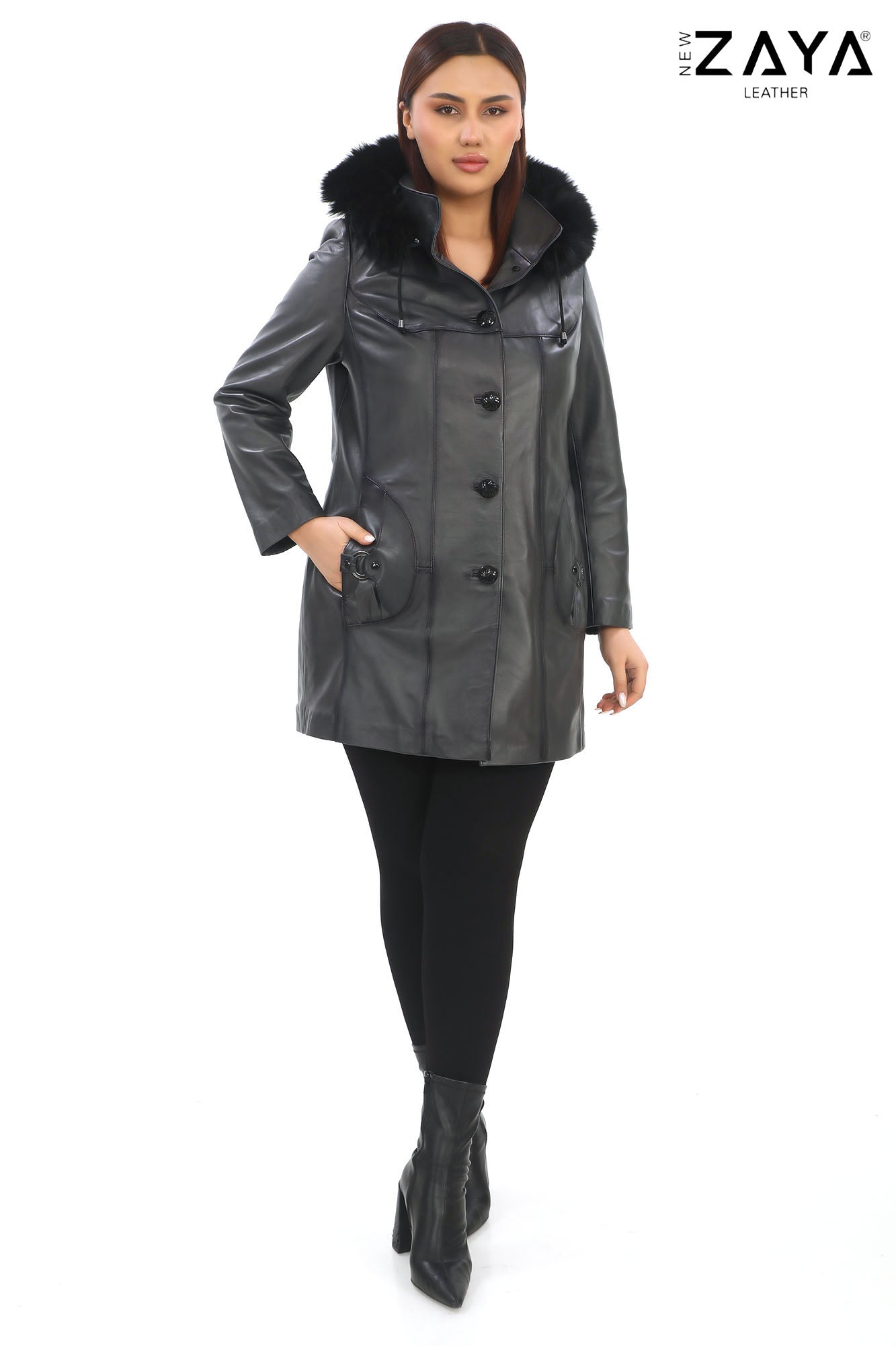 VELMORA NOIR – Fur Hooded Leather Trench Coat Anthracite