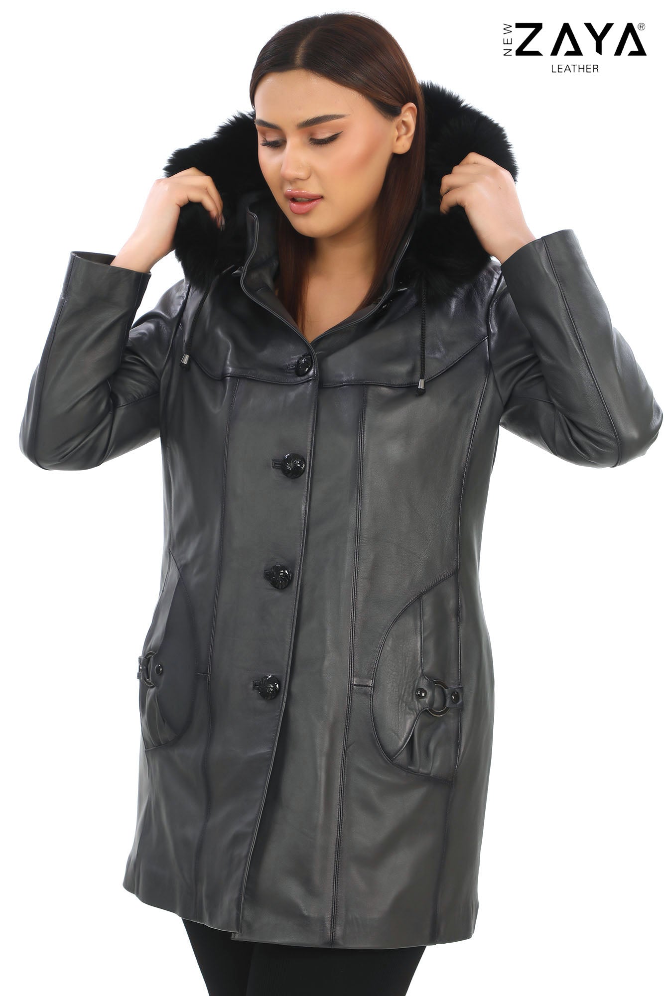 VELMORA NOIR – Fur Hooded Leather Trench Coat Anthracite