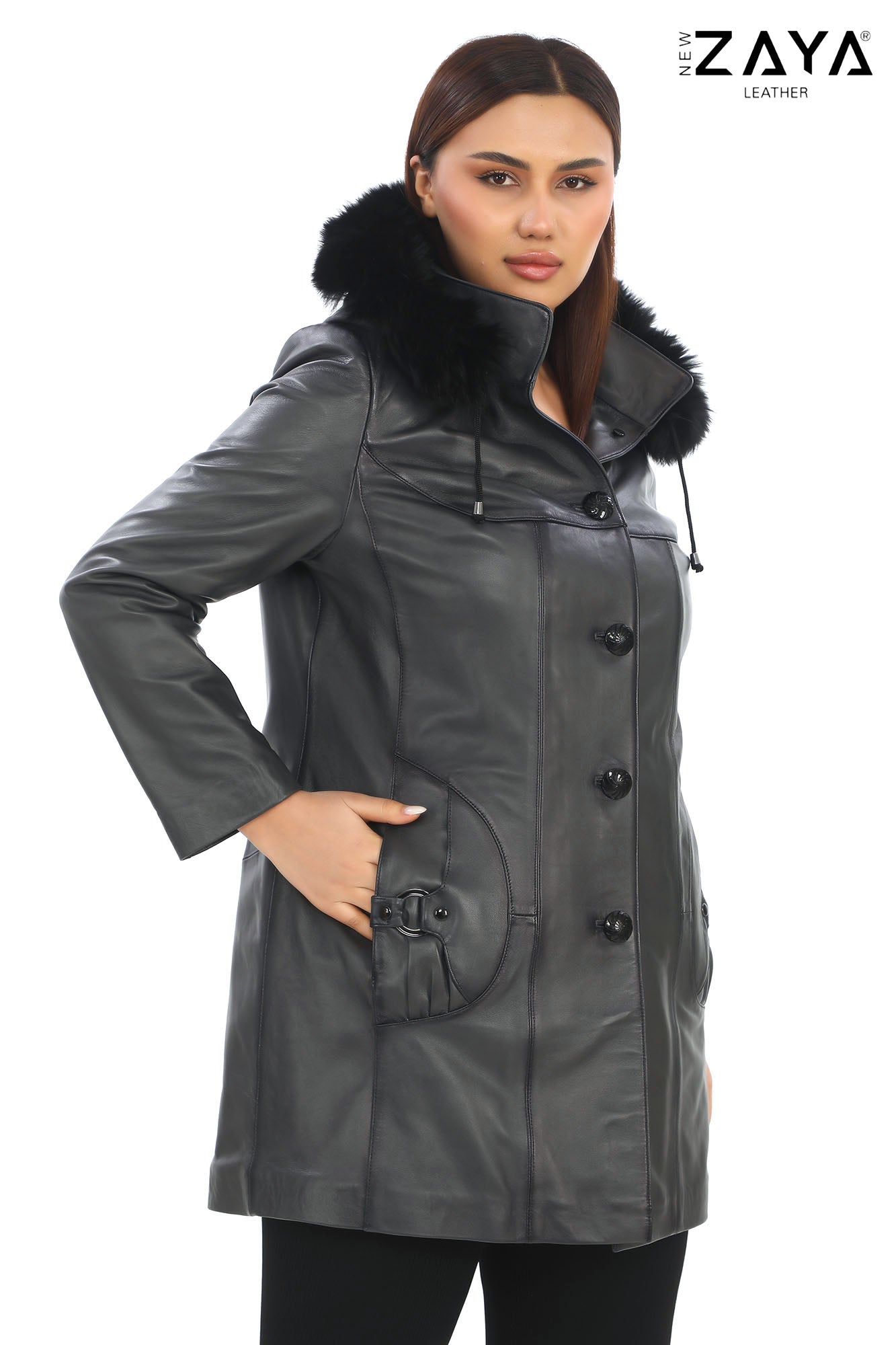 VELMORA NOIR – Fur Hooded Leather Trench Coat Anthracite