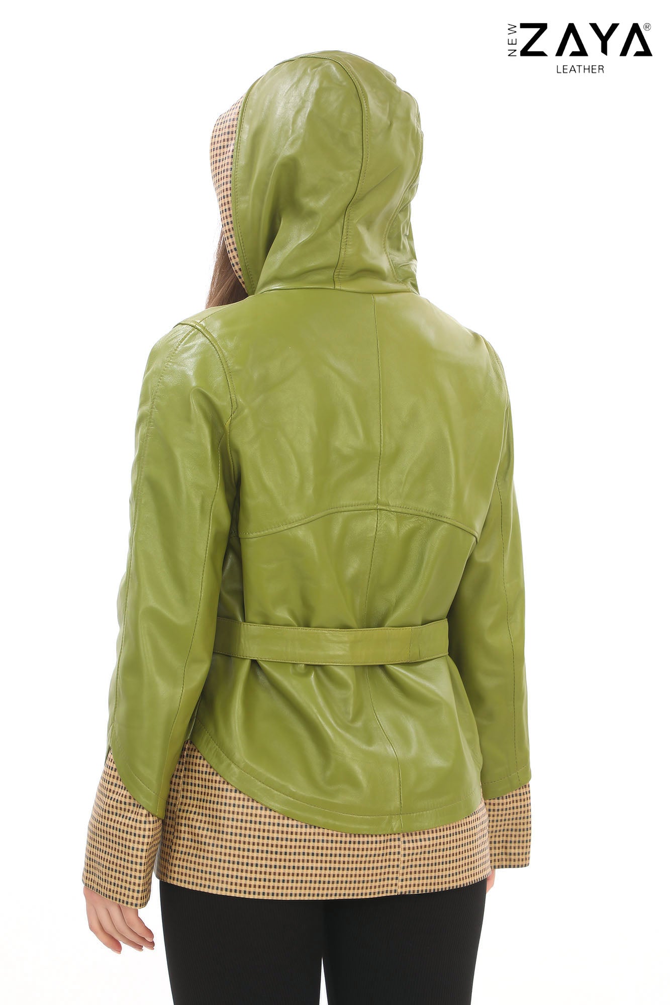 LYRA BLUE GENUINE LEATHER HOUNDSTOOTH COMBINED HOODED JACKET Green